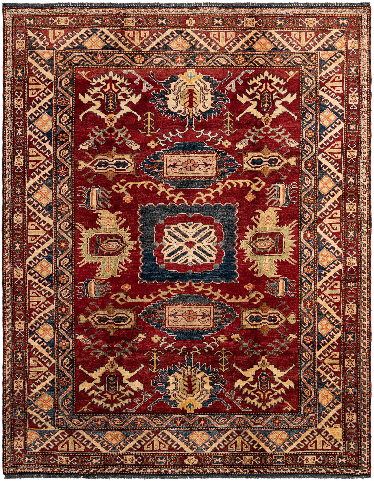 A 6x9 rectangular red Modern Oriental rug with intricate blue, beige, and gold patterns, suitable for a living room.