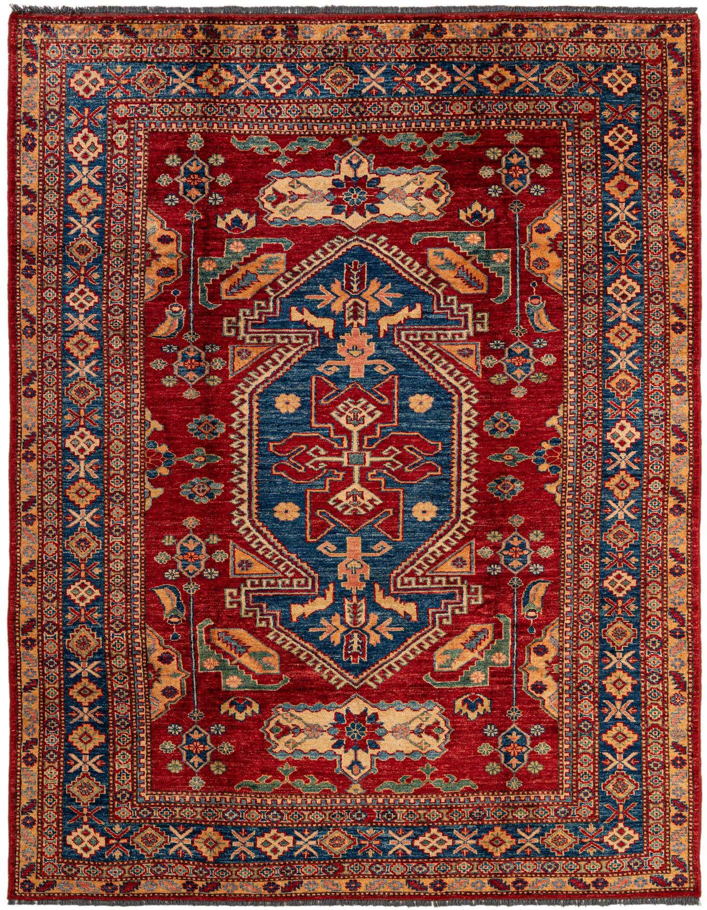 A 6x9 rectangular Rugs.com Kazak rug with a dominant red field and a central blue medallion, featuring intricate oriental patterns and a thin pile.