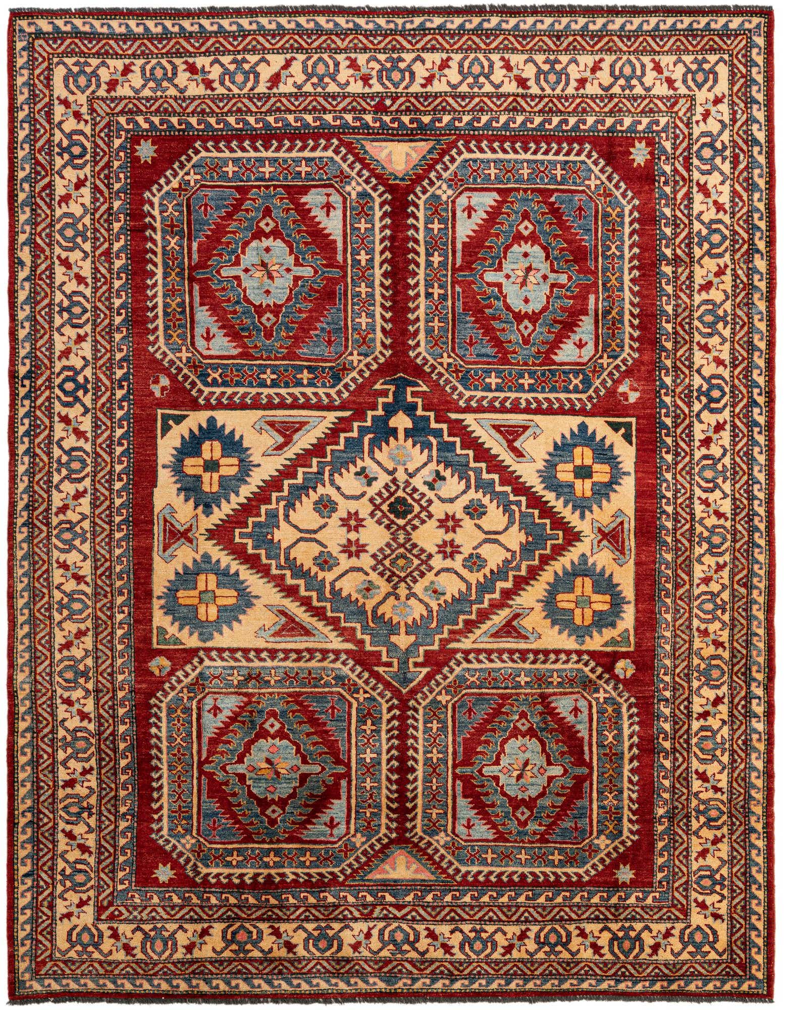 A 6x9 rectangular Rugs.com Kazak wool rug featuring a red field with a large central medallion and geometric patterns in blue, beige, and gold.