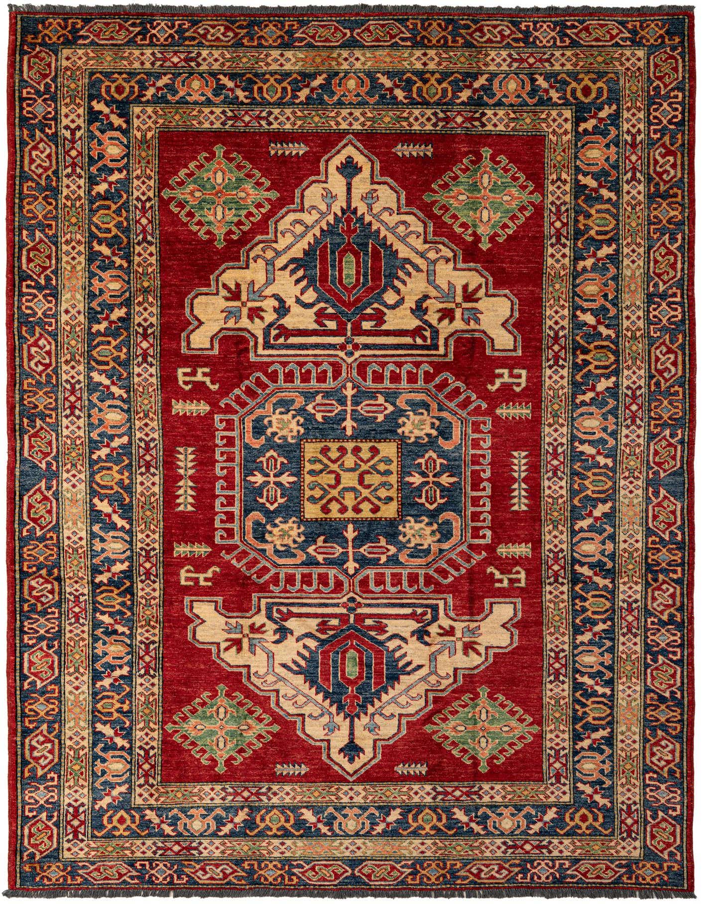 A 6x9 rectangular red traditional Kazak rug with an intricate medallion pattern and blue, beige, and green accents.