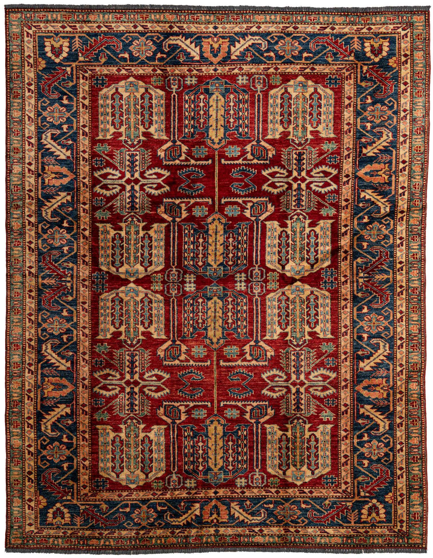 A 6x9 rectangular handmade wool rug with a deep red field and intricate oriental patterns in navy blue, gold, and light blue.