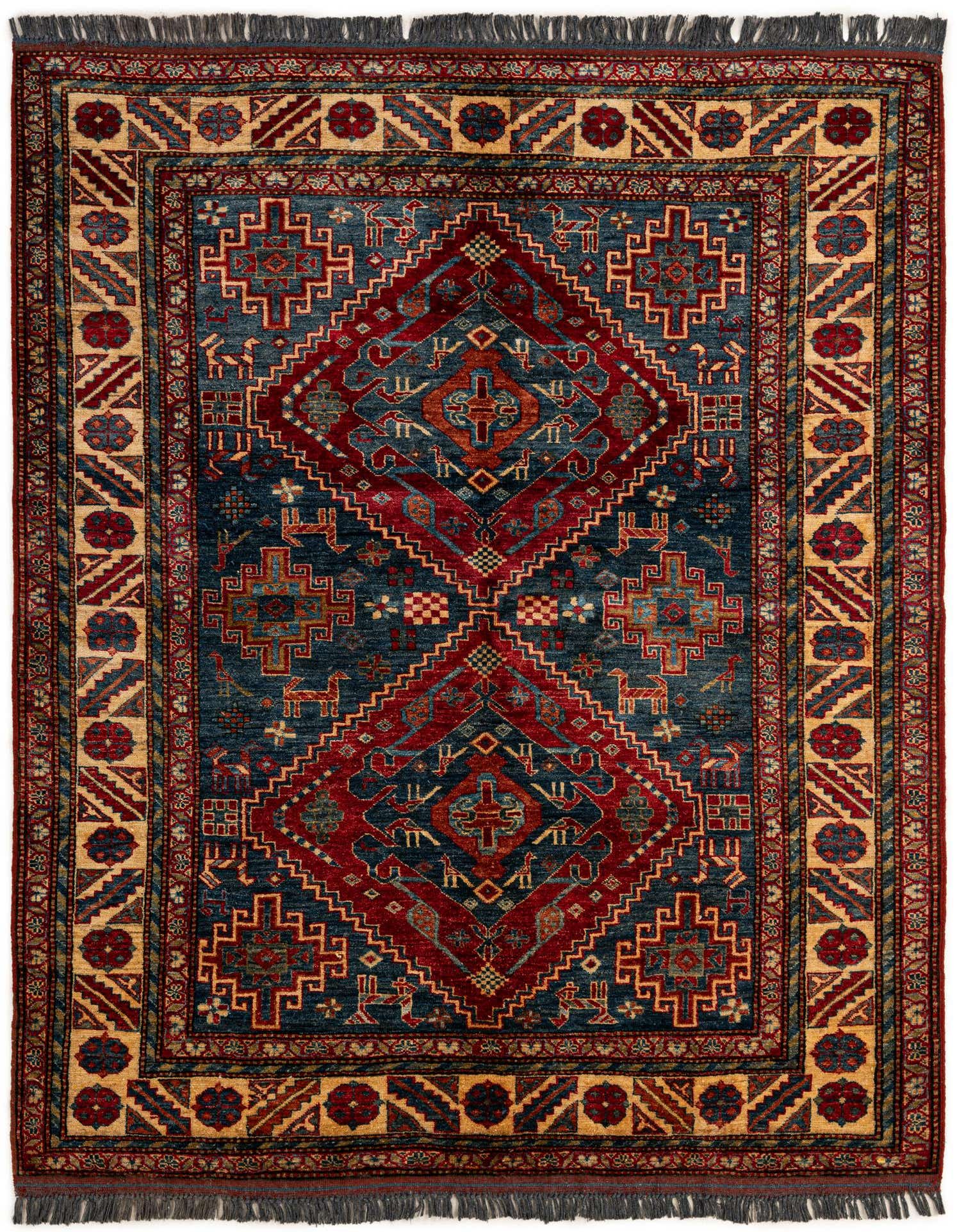 A 5x7 rectangular Rugs.com Kazak rug featuring a bold red and blue medallion pattern with geometric motifs and a decorative border.