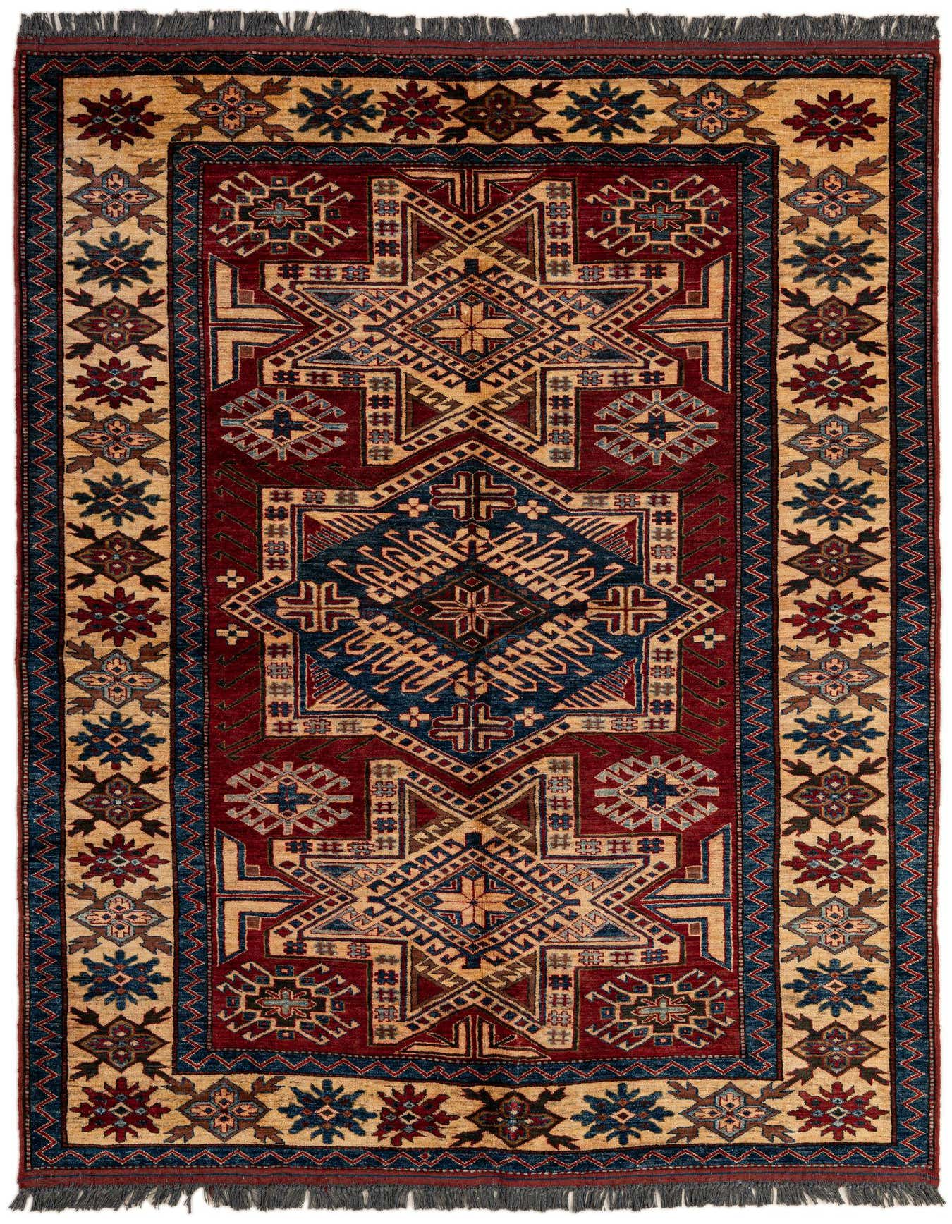 A 5x7 rectangular Kazak rug with a deep red field, intricate geometric patterns in blue and beige, and a beige border with floral motifs.