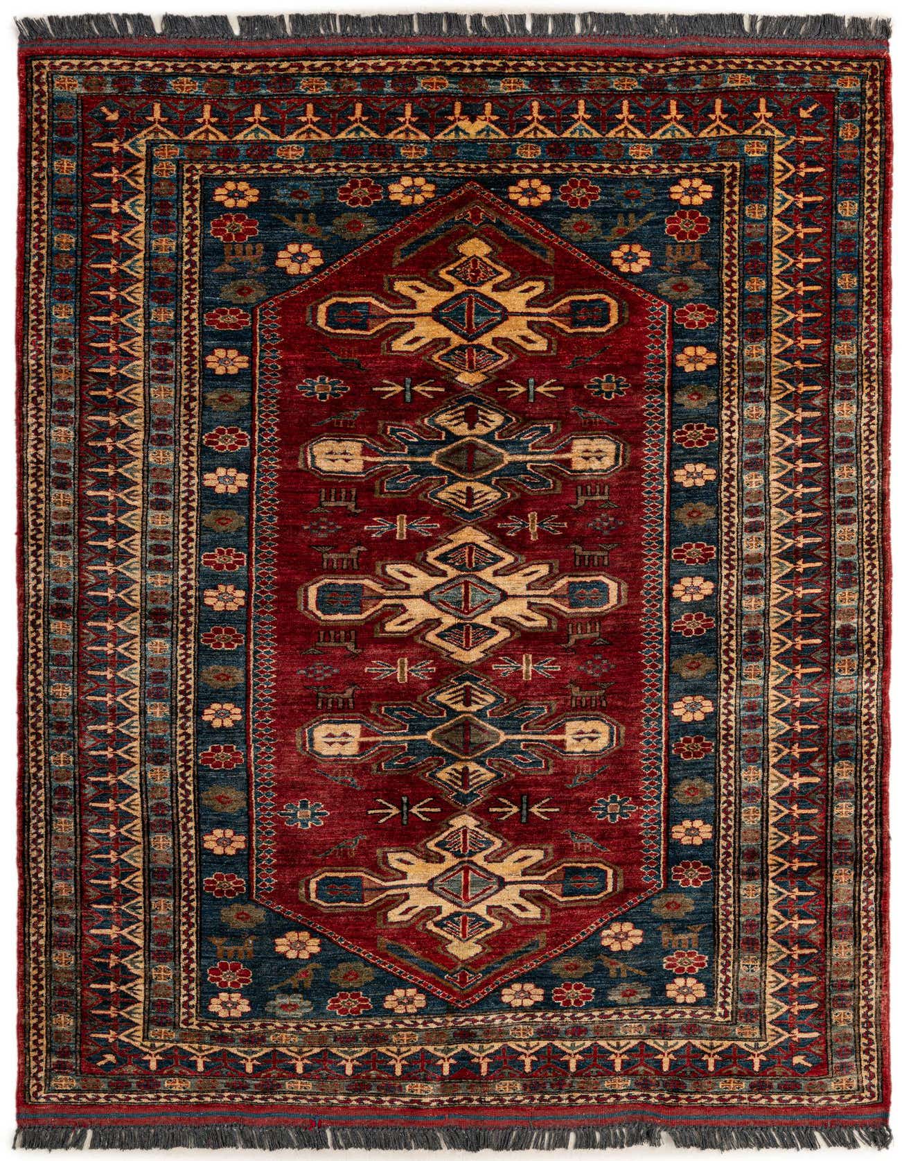 A 5x8 rectangular red and blue traditional Oriental rug with intricate geometric patterns and a thin pile.