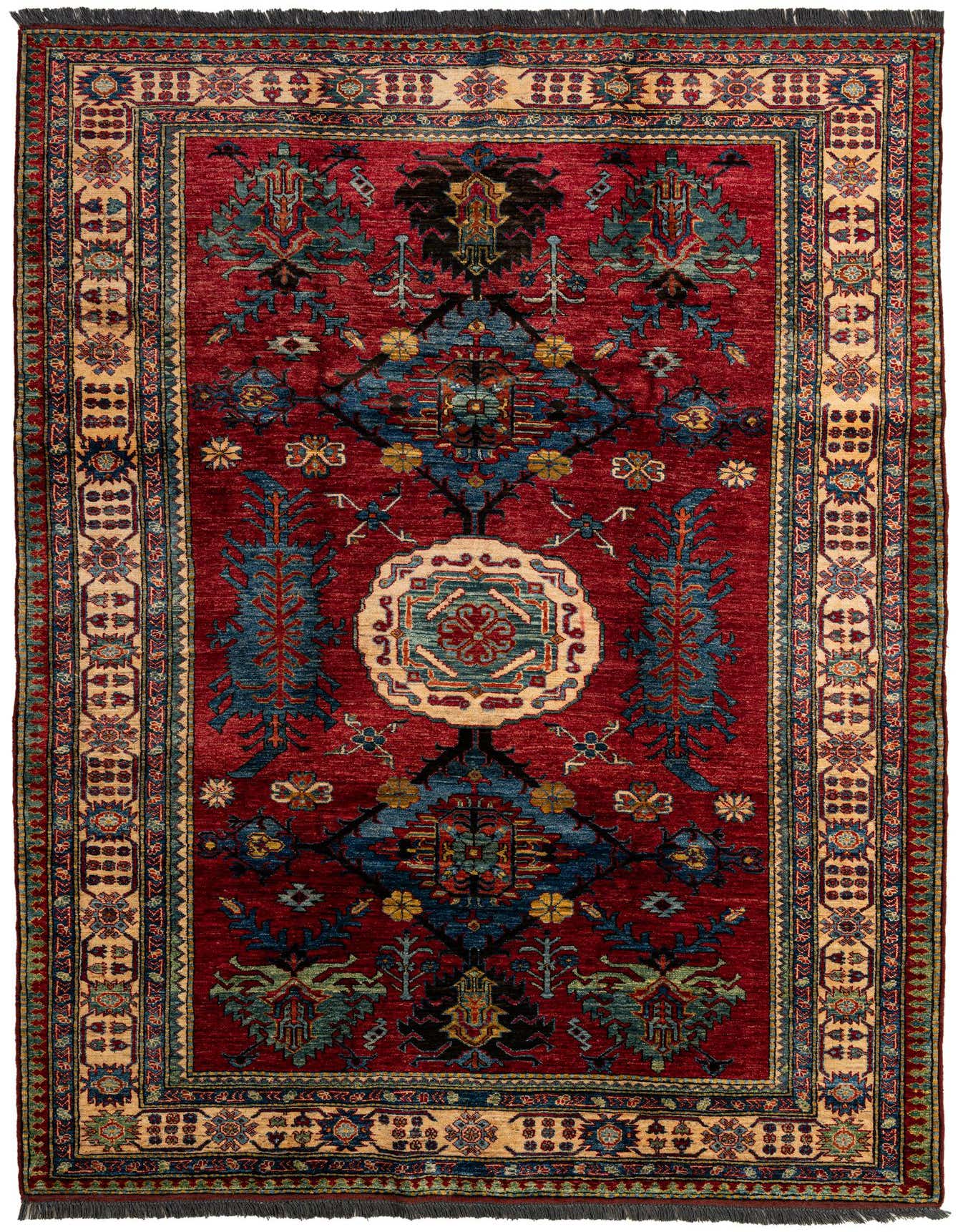 A 7x10 rectangular Kazak rug with a deep red field, intricate blue, yellow, and black oriental patterns, and a detailed beige border.