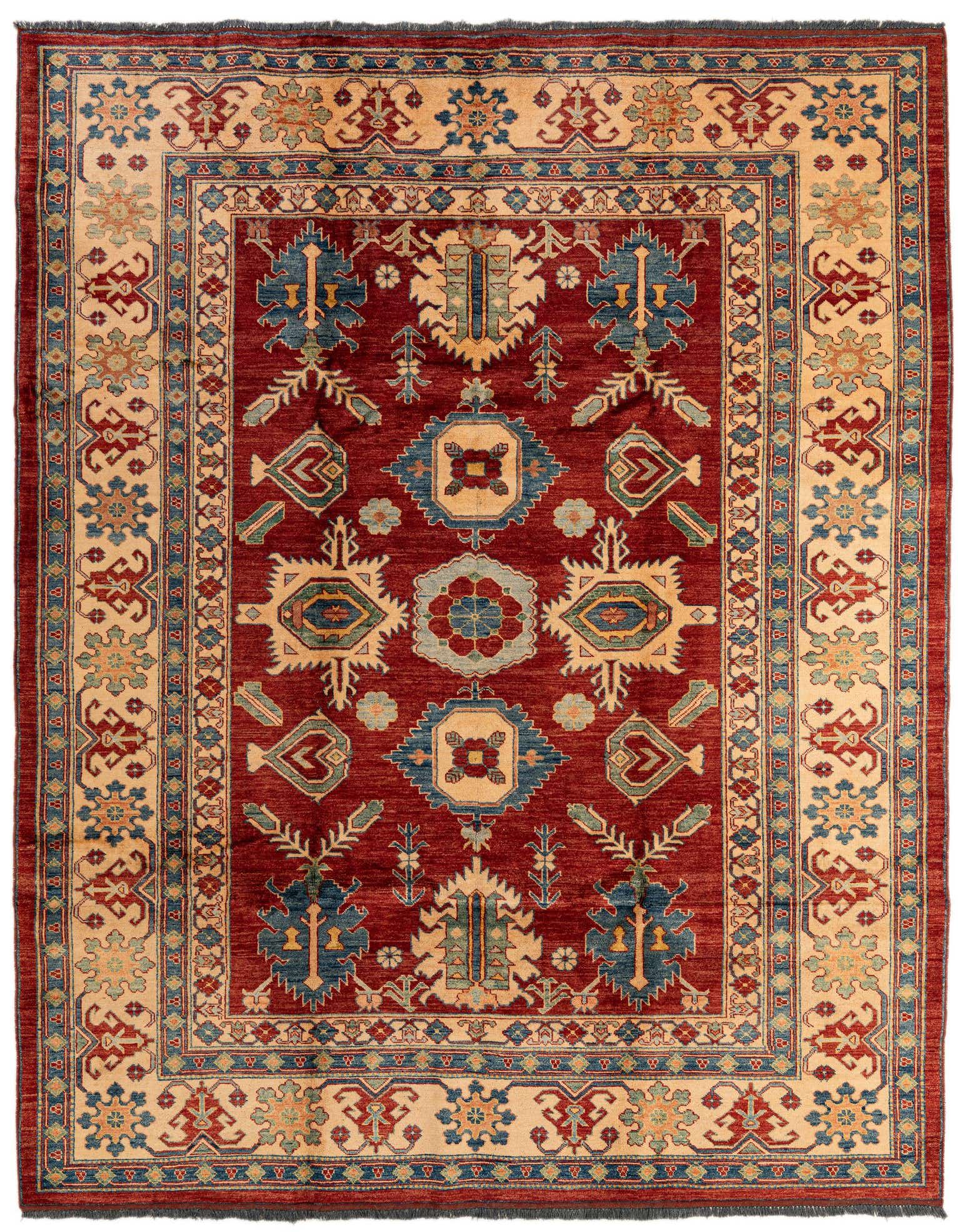 A 7x10 rectangular Rugs.com Kazak rug with a deep red field and intricate blue, beige, and red Oriental patterns.