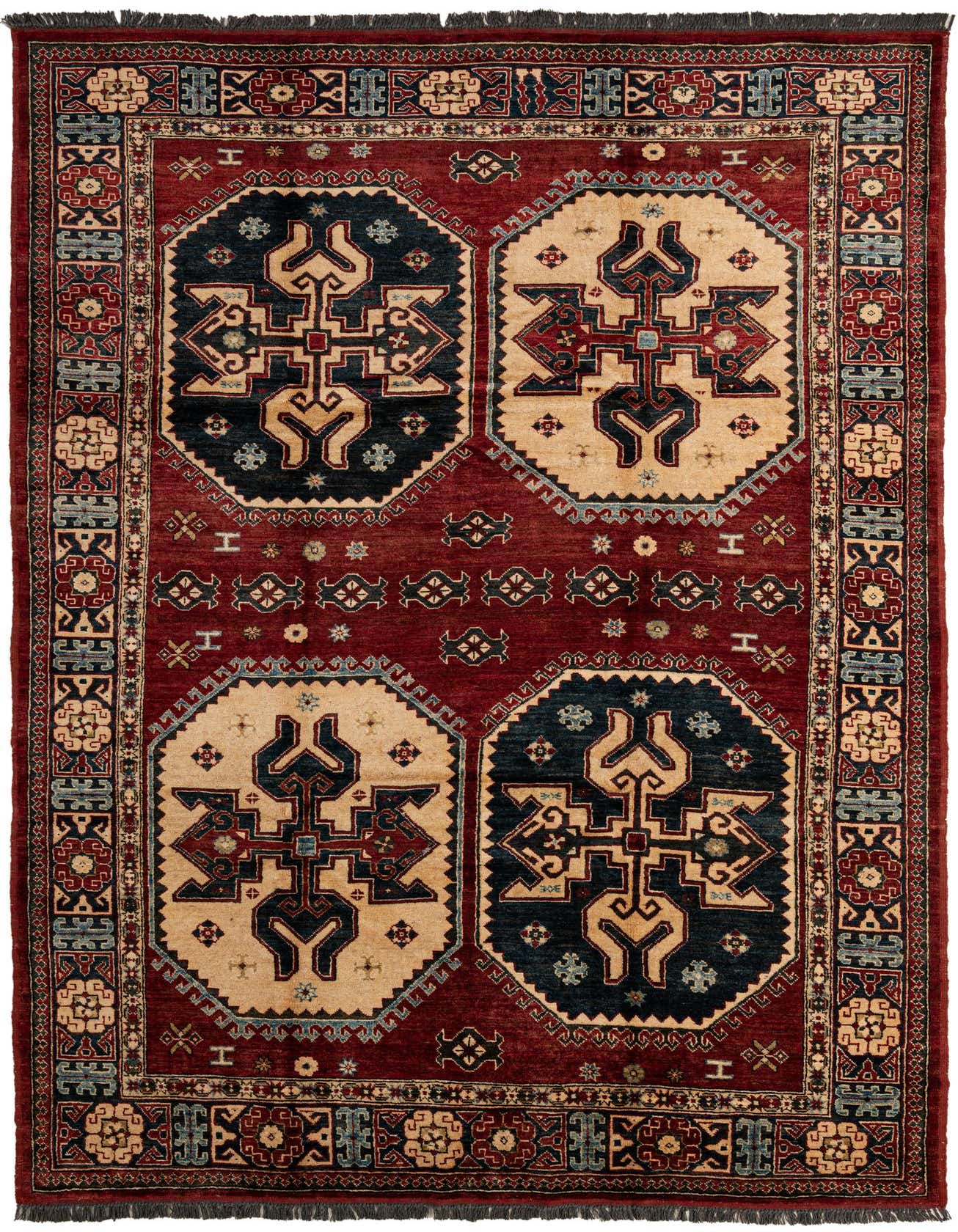 A 7x10 rectangular Kazak rug with a deep red field, featuring four large octagonal medallions in navy and beige with intricate geometric patterns, surrounded by a detailed border.