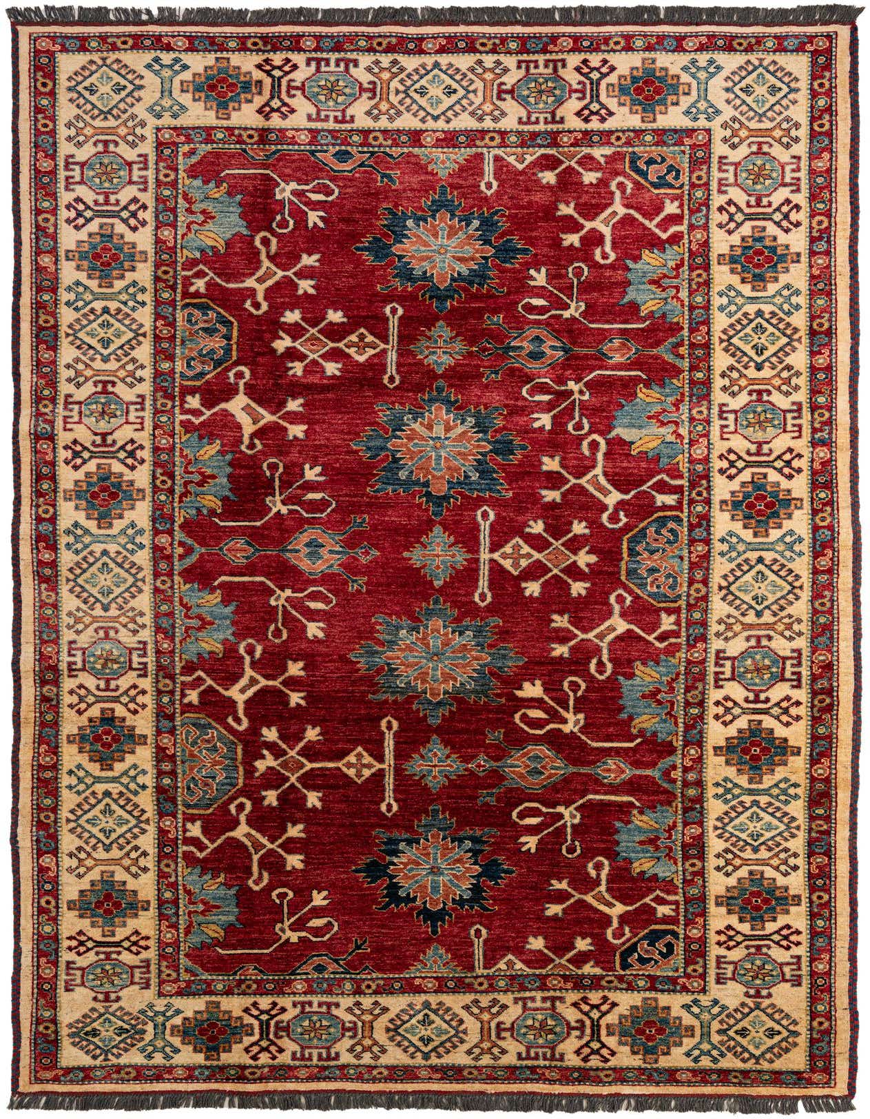 A 7x10 rectangular red wool rug with a modern oriental pattern and cream border, ideal for a living room.