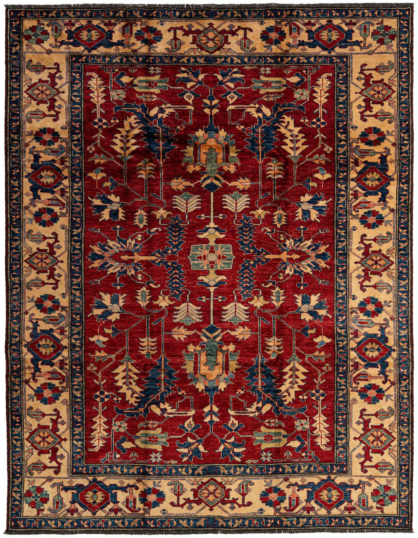 A 7x10 rectangular Kazak rug with a deep red field and an intricate Oriental pattern in blue, gold, and green, framed by a wide beige border with geometric motifs.