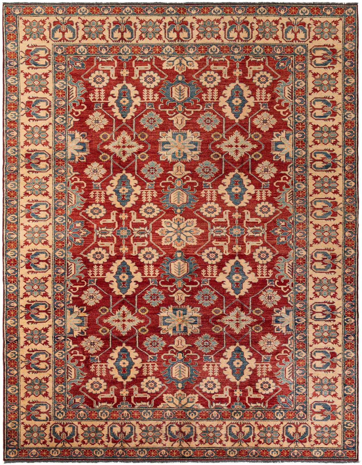 A rectangular 8x12 red Oriental rug with intricate blue, beige, and gold floral and geometric patterns, featuring a wide beige border.