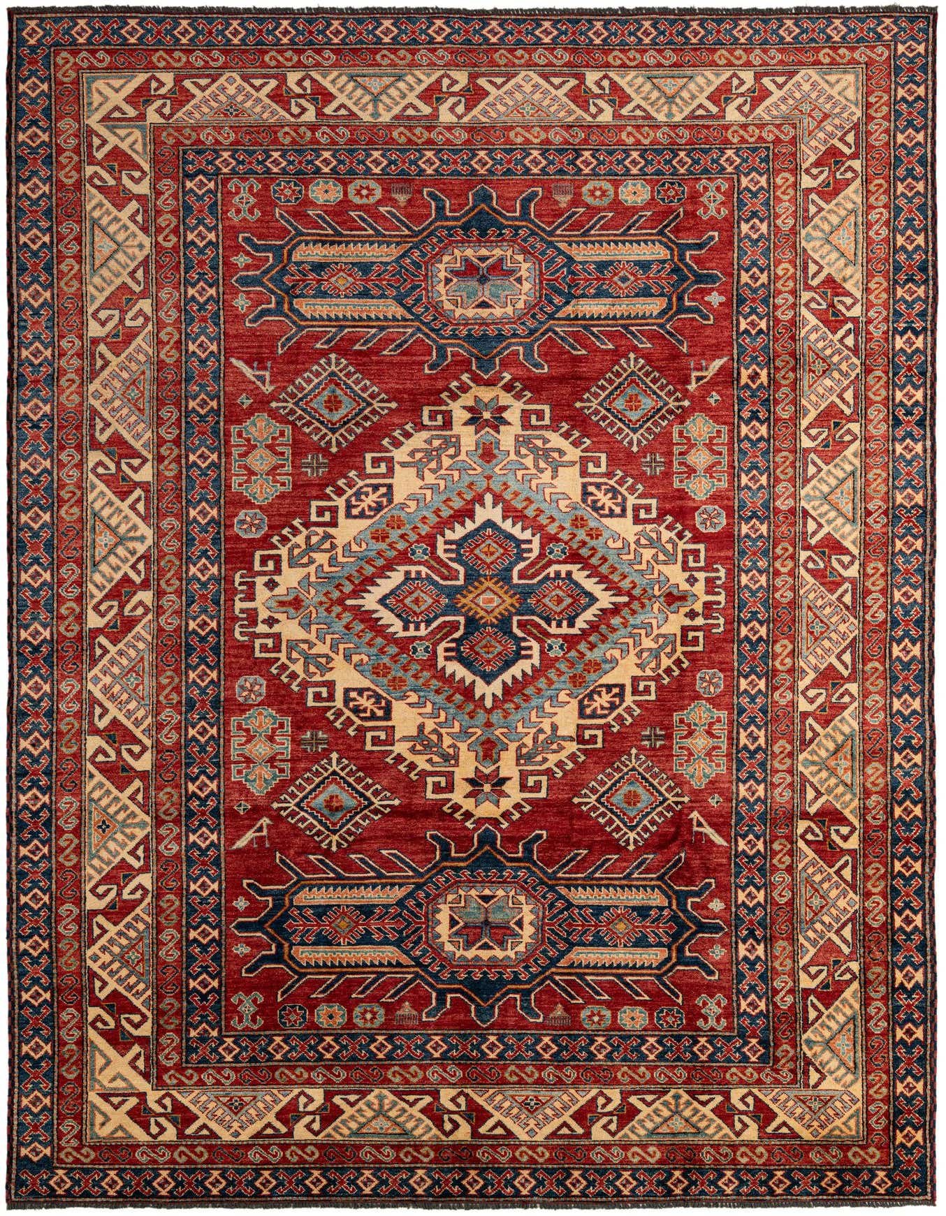 A rectangular 8x11 red modern oriental wool rug with a central medallion and geometric patterns in blue, beige, and light blue.