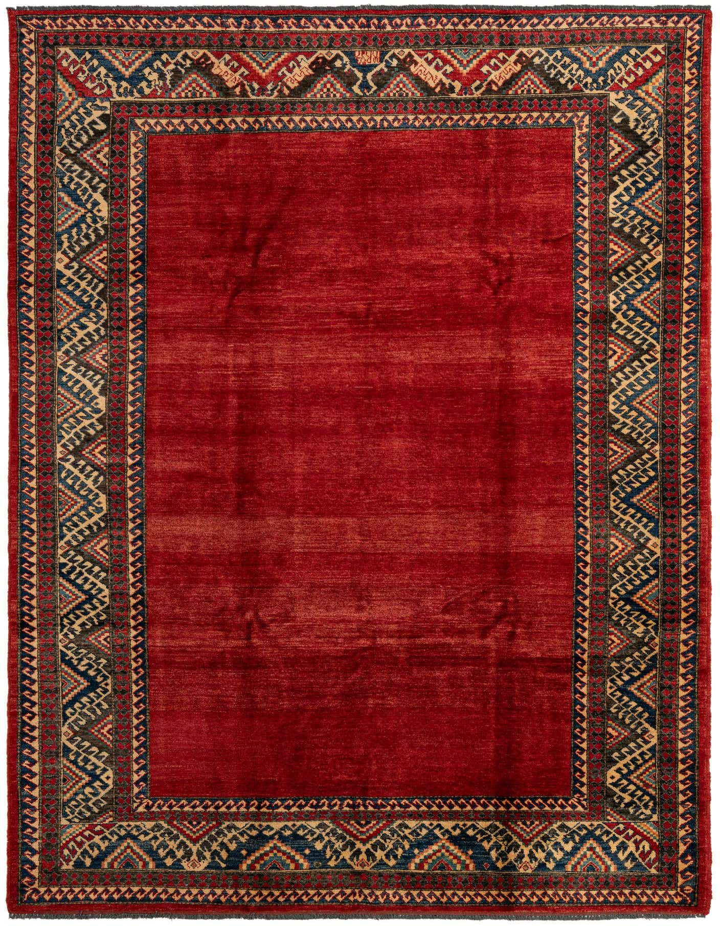 A 7x10 rectangular red modern Oriental wool rug with a detailed geometric border in blue, beige, and red.
