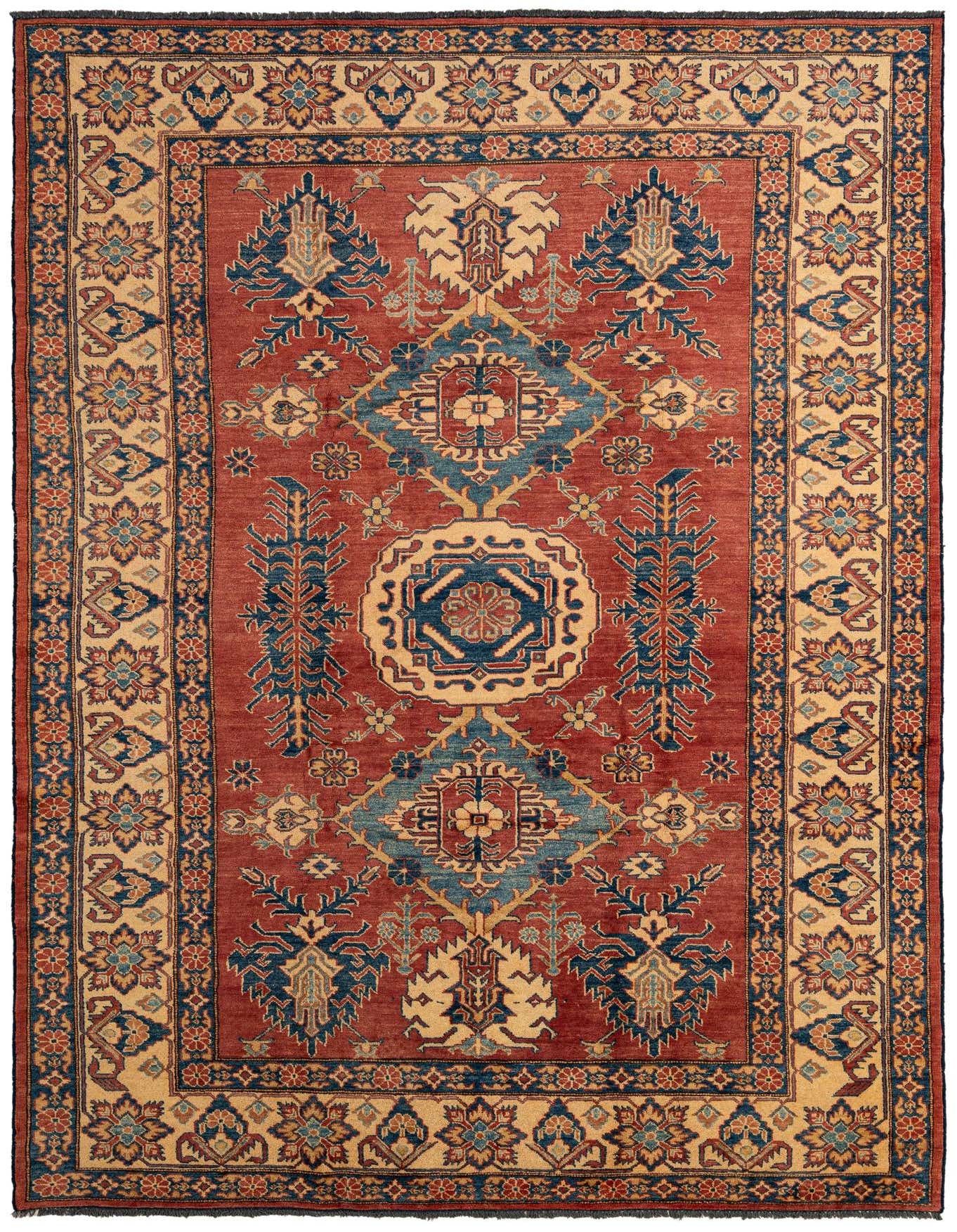 A 7x10 rectangular Rugs.com Kazak rug with a red field and intricate blue, gold, and cream oriental patterns.