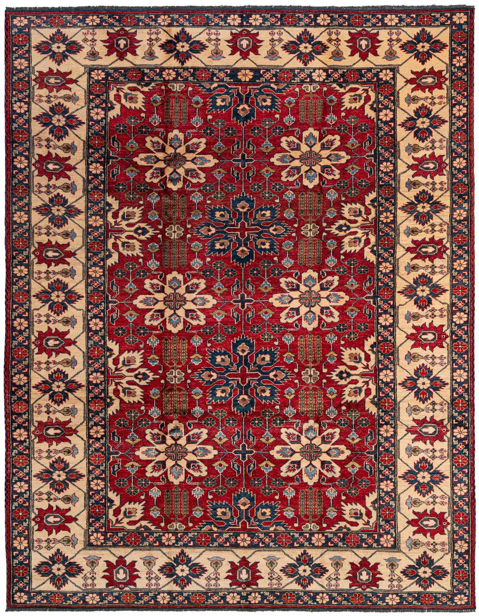A rectangular 8x10 red Kazak wool rug with a detailed oriental pattern and a cream border, suitable for a living room.