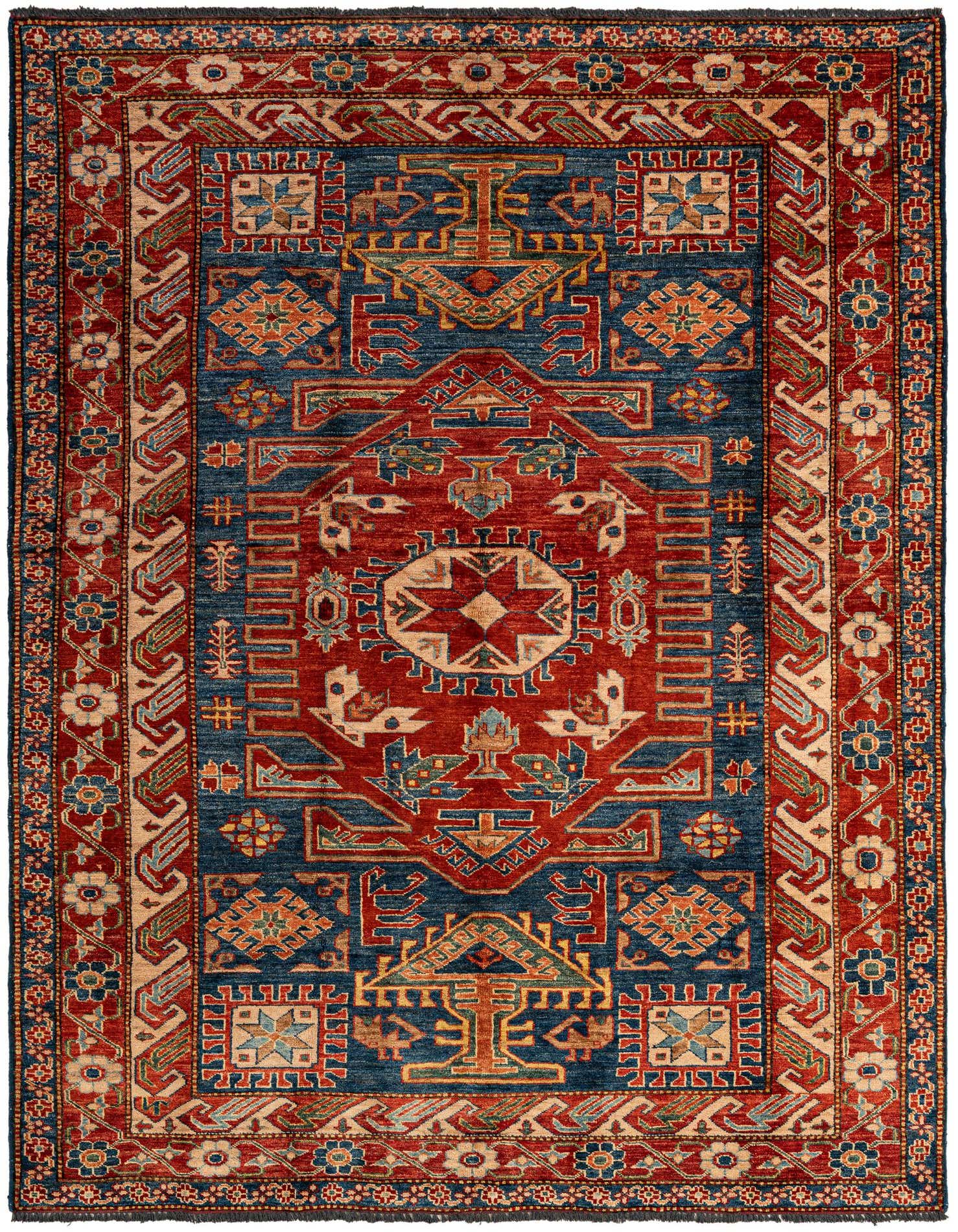 A 5x7 rectangular red and blue Kazak wool rug with an intricate medallion and geometric patterns.