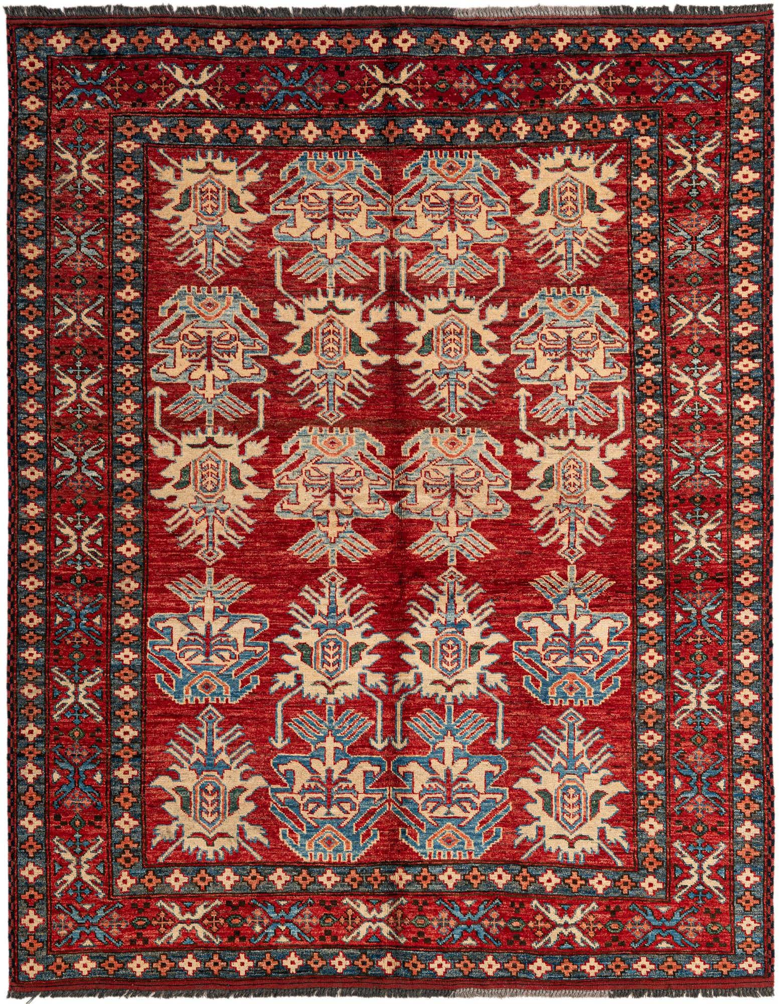 A 5x7 rectangular red wool rug with a modern oriental pattern in cream and blue, featuring intricate motifs and a contrasting border.