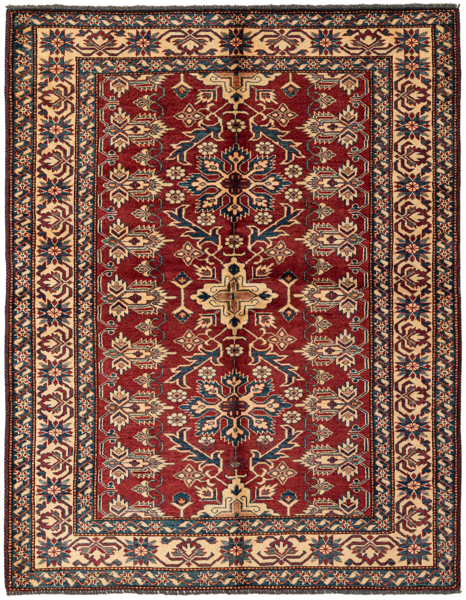 A 5x7 rectangular red and beige traditional Oriental wool rug with intricate floral and geometric patterns.