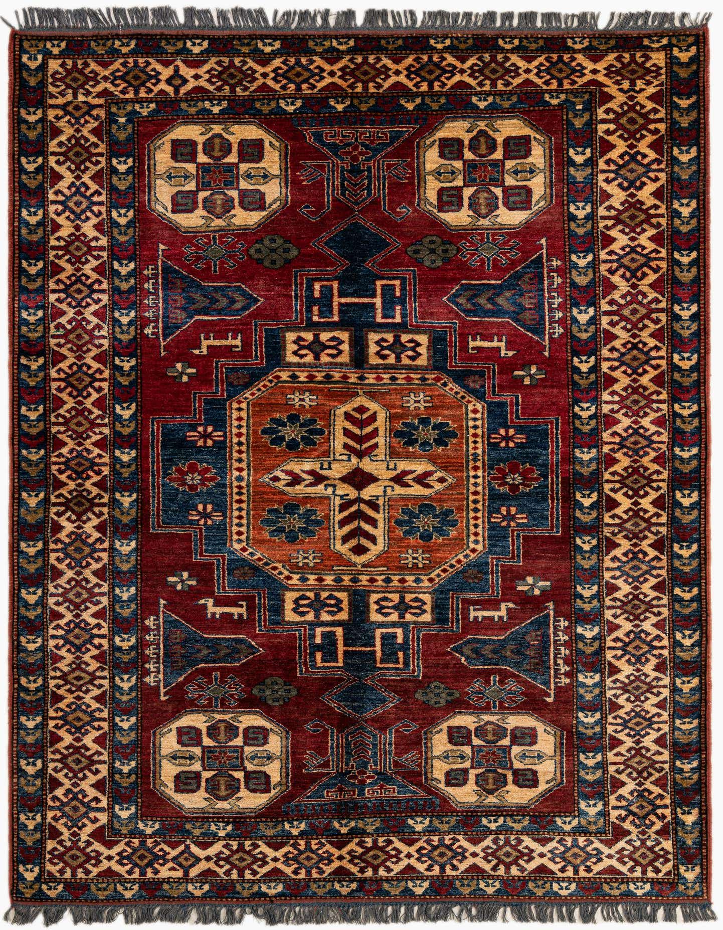 A 5x7 rectangular red Kazak rug with an intricate Oriental pattern in blue, gold, and cream, featuring geometric motifs.