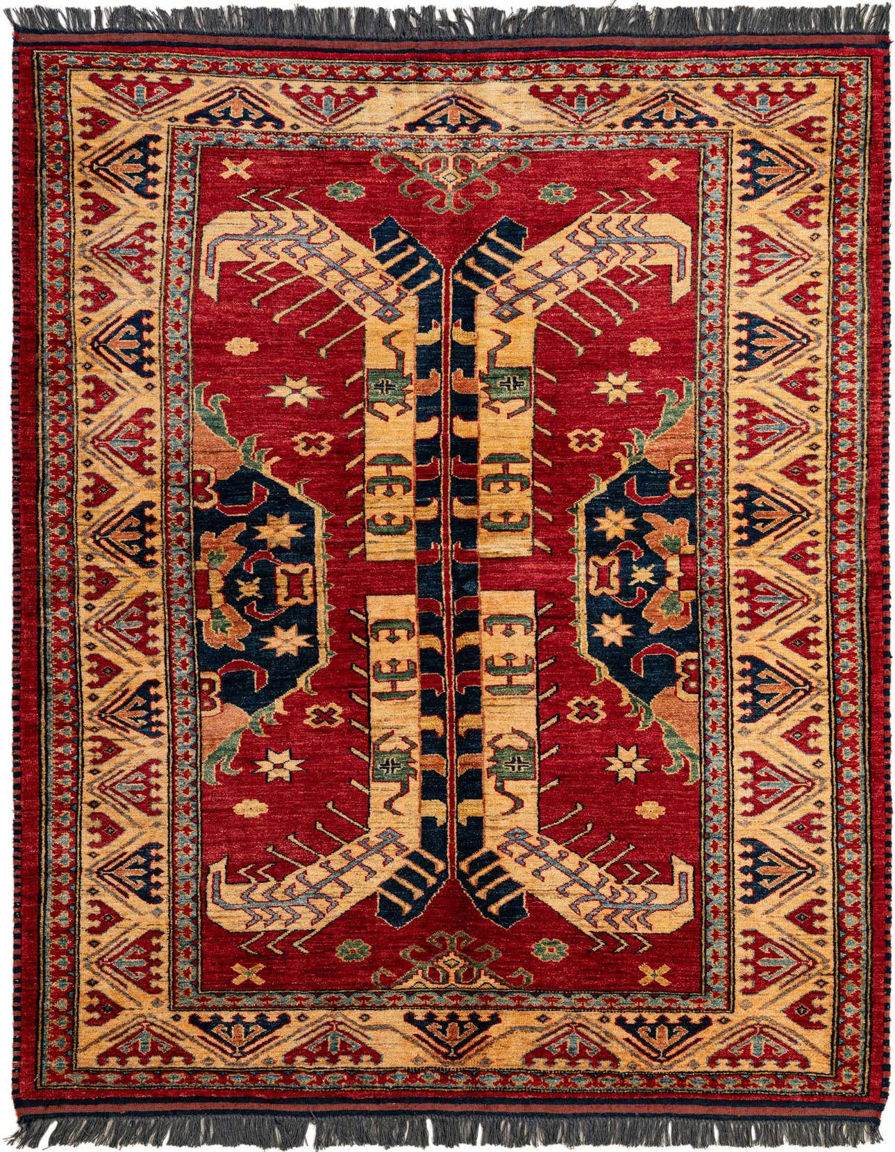 A 5x7 rectangular Kazak rug with a deep red field, featuring a central medallion and intricate traditional patterns in gold, navy, and light blue.
