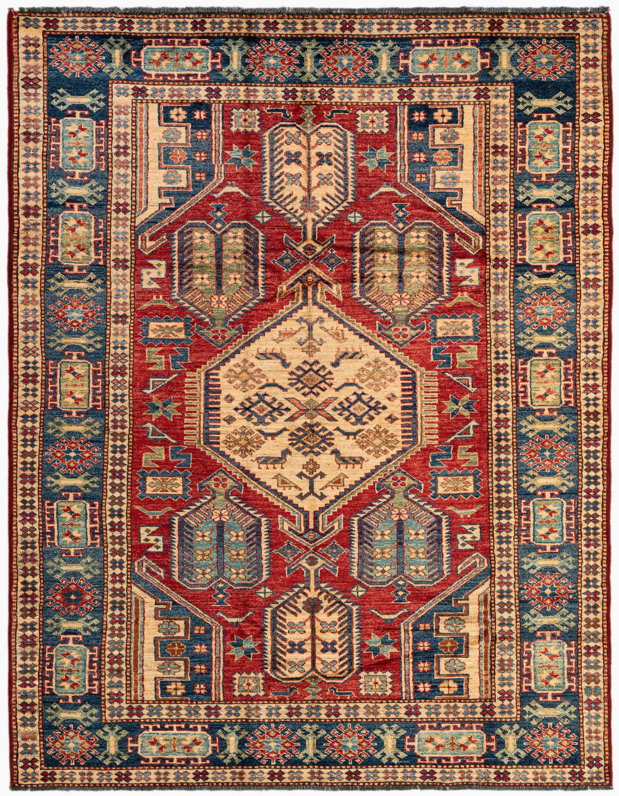 A 5x8 rectangular Kazak rug with a central medallion, featuring rich reds, blues, and cream traditional patterns.