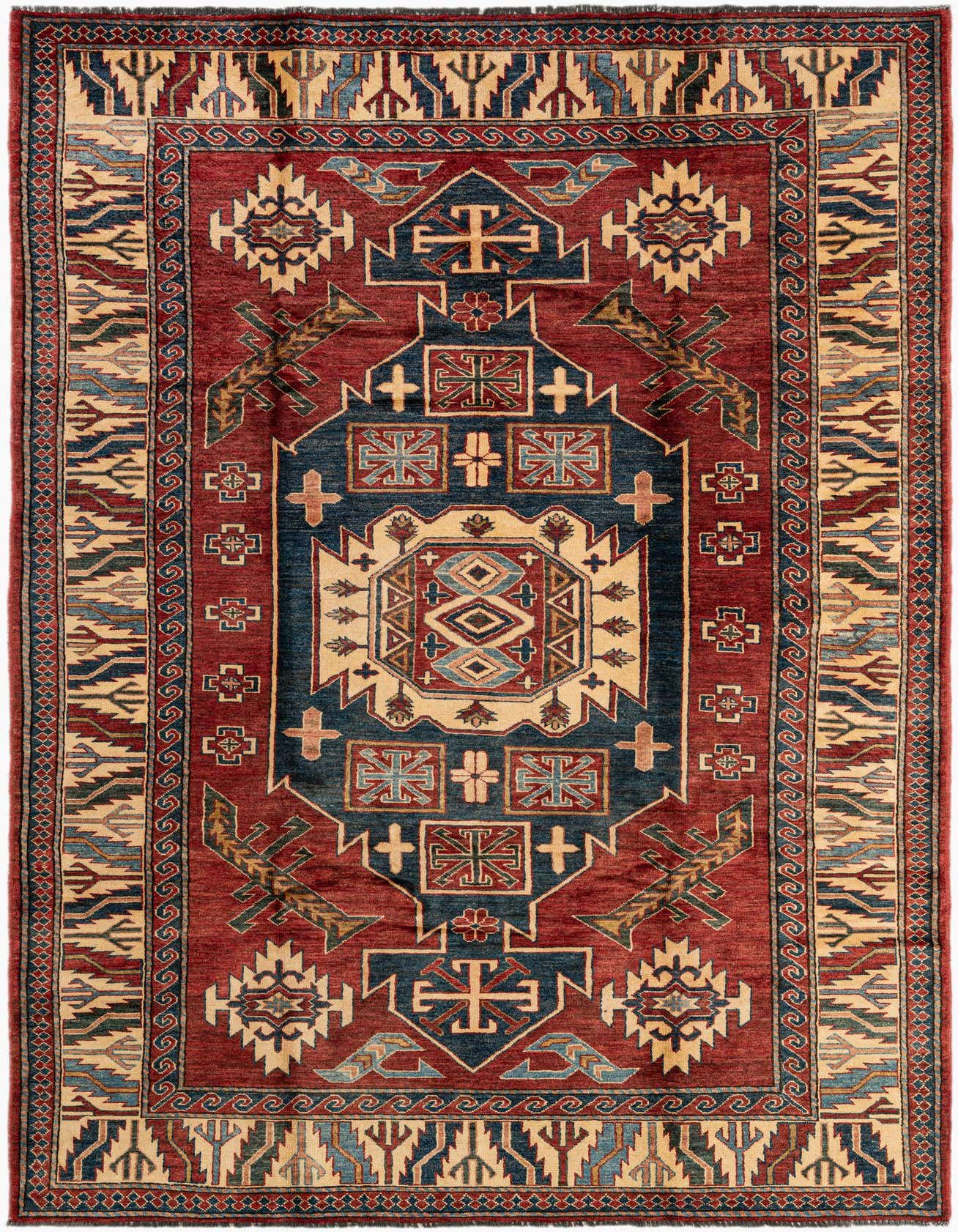 A 6x9 rectangular red and blue wool rug featuring a traditional Oriental pattern with geometric motifs, ideal for a living room.