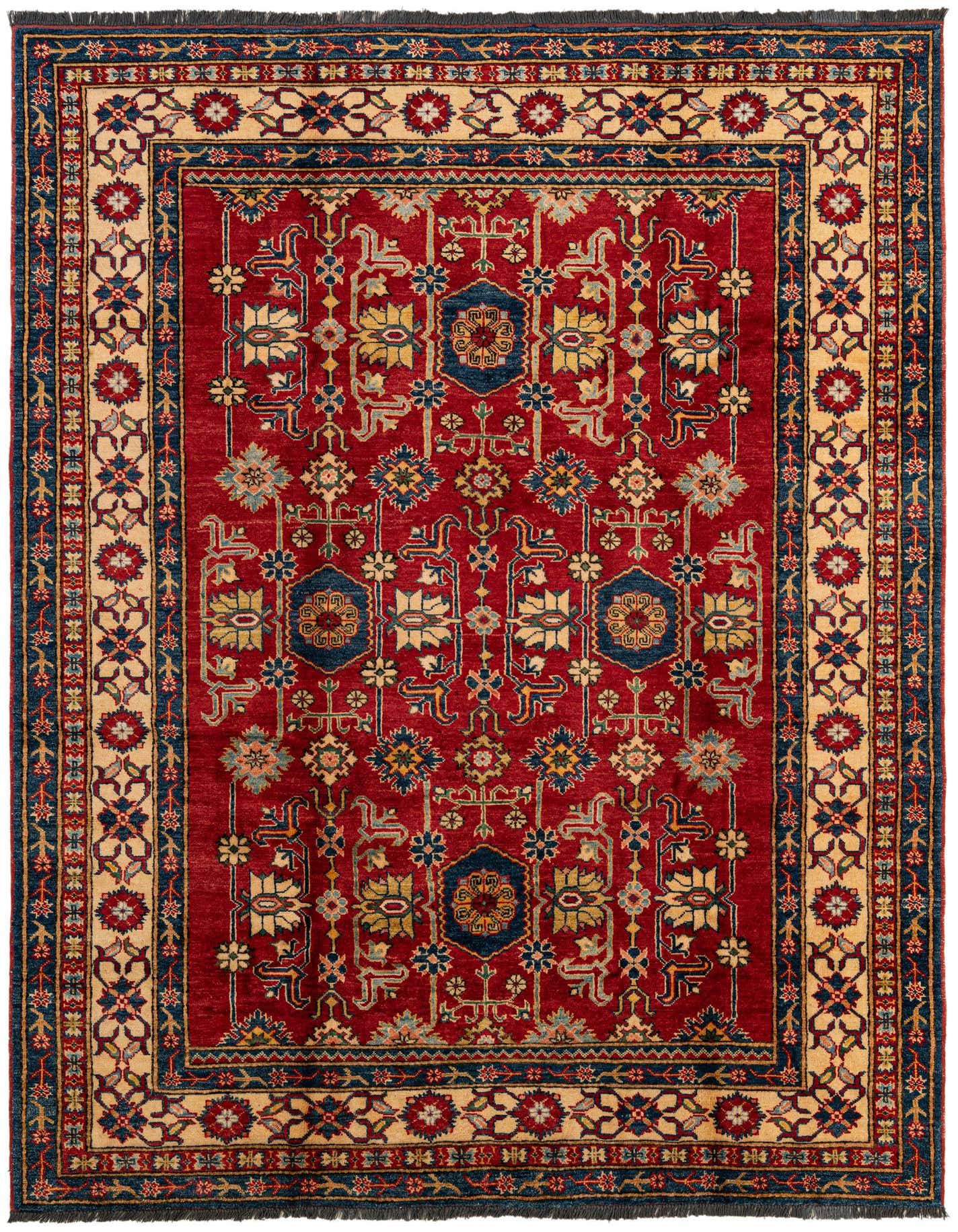 A 6x9 rectangular red wool rug with a traditional Oriental pattern and a detailed border, suitable for a living room.