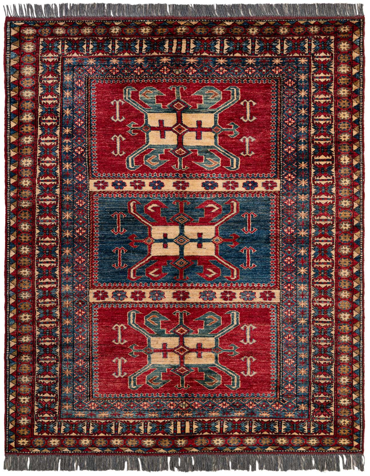 A 5x7 rectangular Rugs.com Kazak rug with a vibrant red and blue oriental pattern and fringe.