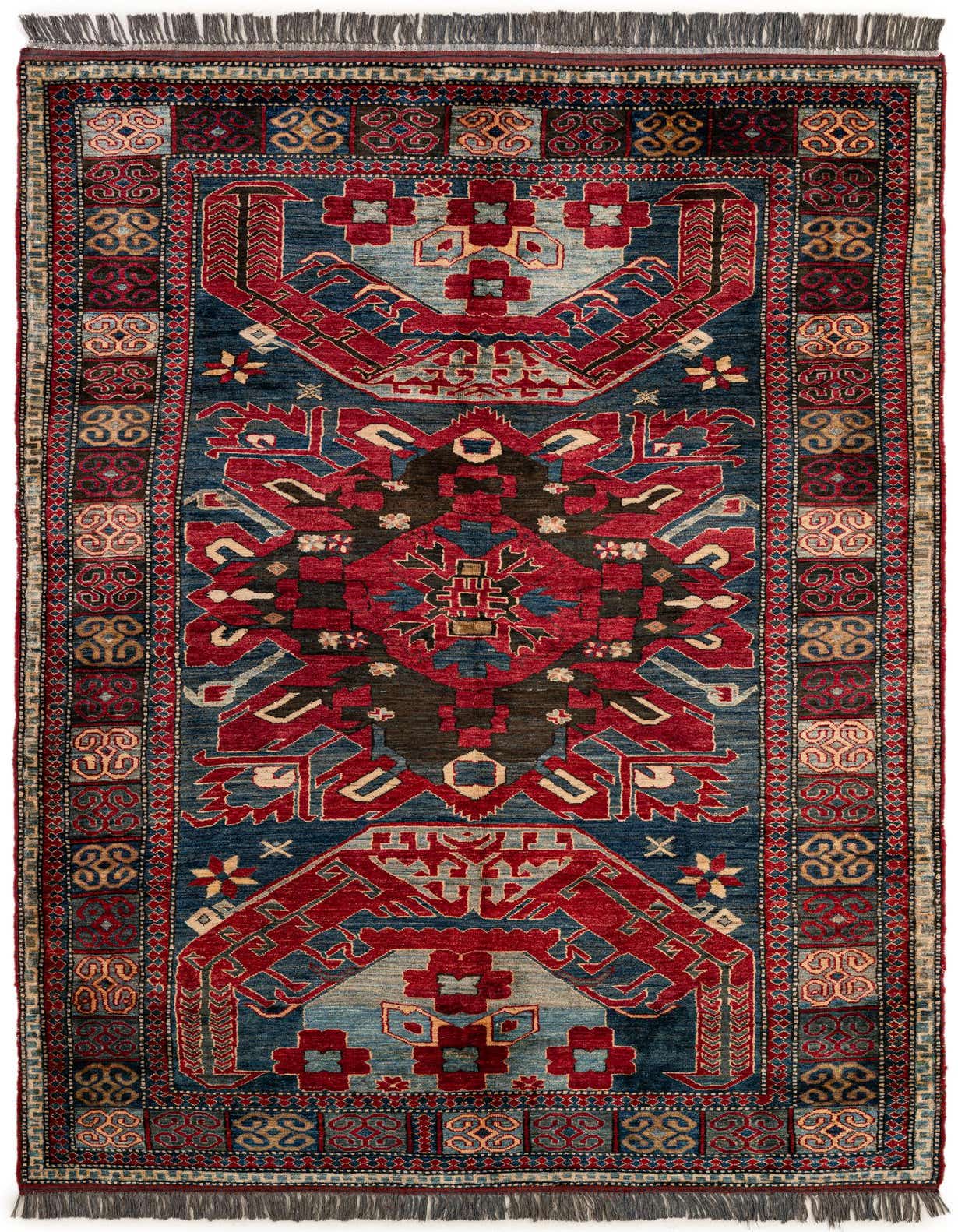 A 5x7 rectangular Rugs.com Kazak rug with a dominant red and blue modern Oriental pattern, featuring intricate geometric motifs and a flat pile.