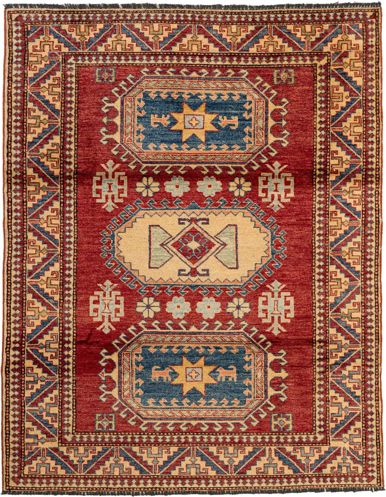 A 4x6 rectangular red wool rug with a traditional Oriental medallion pattern in blue, gold, and cream.