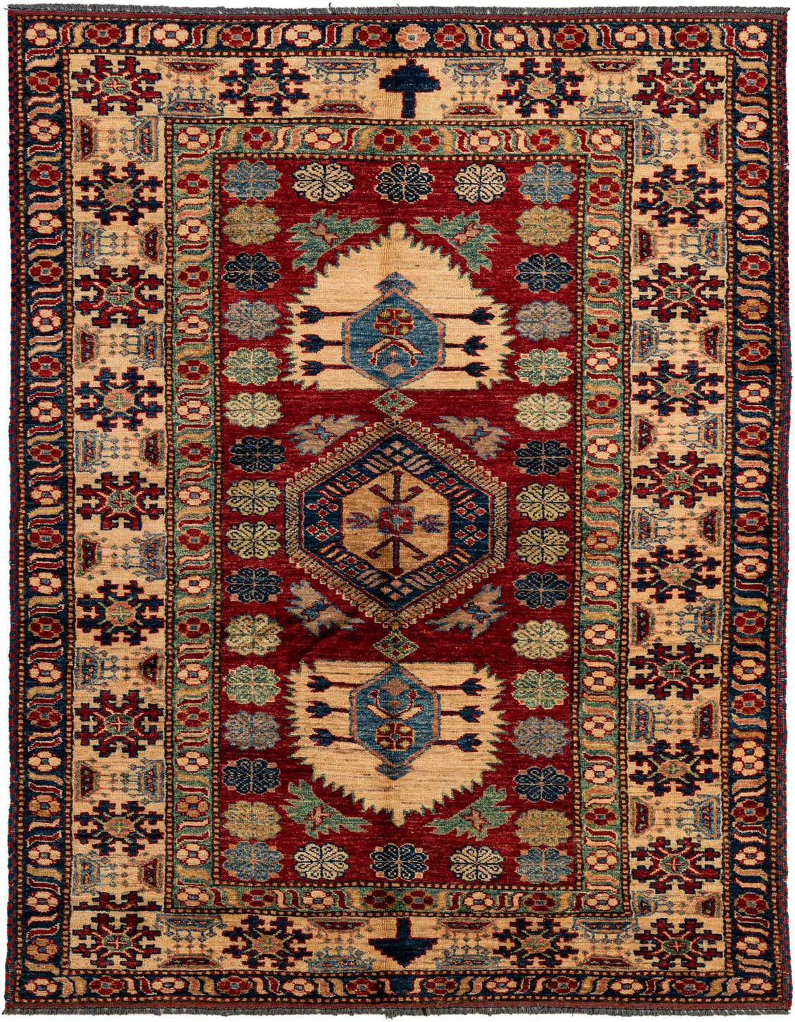 A 5x7 rectangular red Kazak rug with a central medallion and intricate oriental patterns in blue, beige, and green.