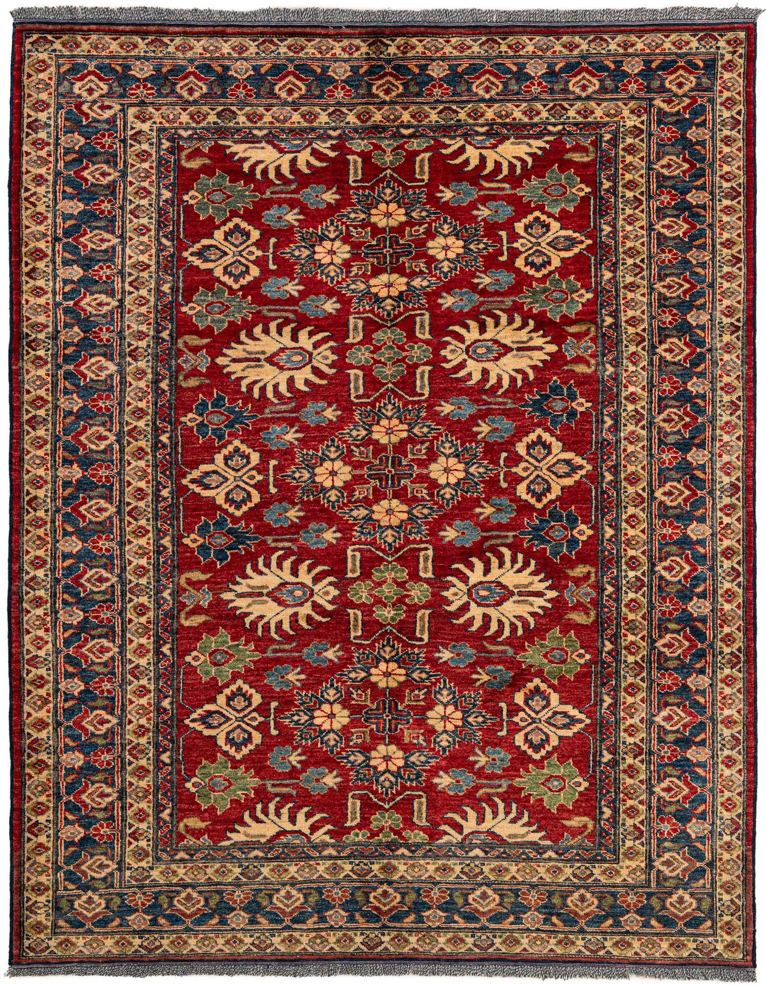 A 5x7 rectangular Rugs.com Kazak rug with a deep red field and intricate oriental patterns in blue, gold, and green.