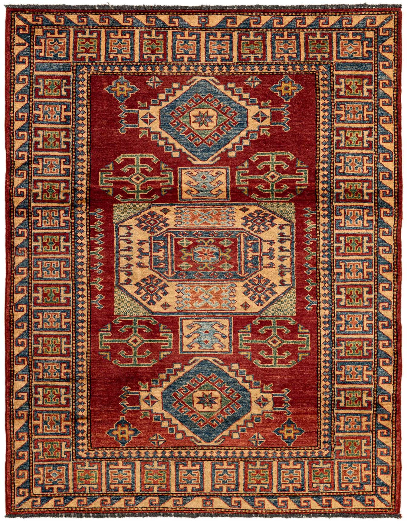 A 4x6 rectangular red wool rug with a central medallion and geometric patterns in blue, beige, and green.