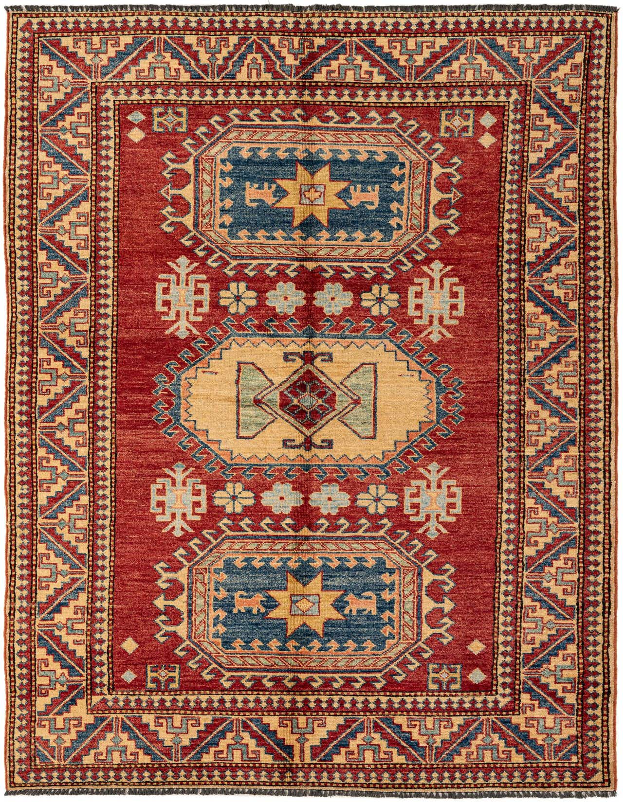 A 5x7 rectangular red modern oriental rug with a central medallion and geometric patterns in blue, beige, and light blue.