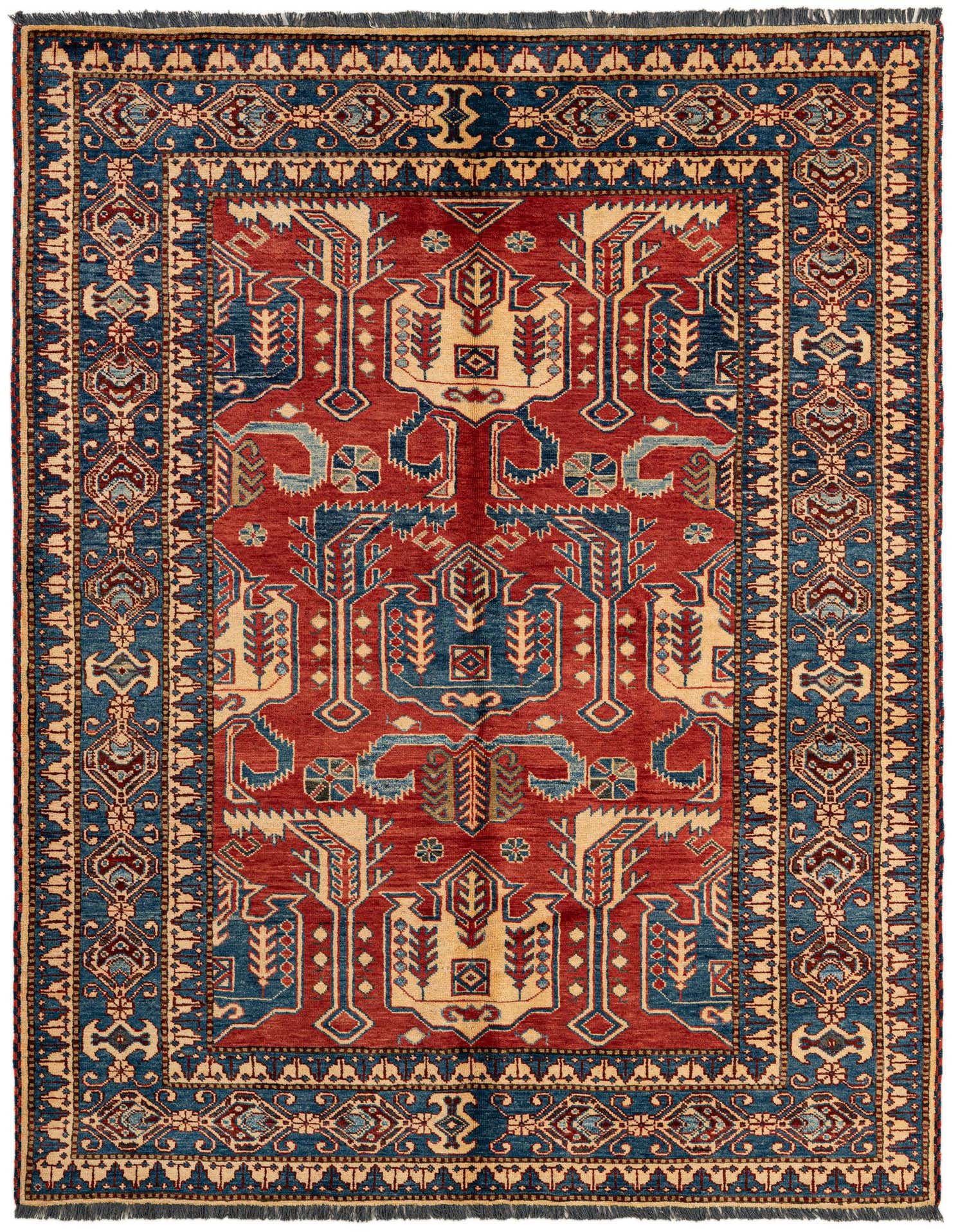 A 5x7 rectangular red and blue Kazak wool rug with intricate geometric and tree-like patterns, featuring a wide border.