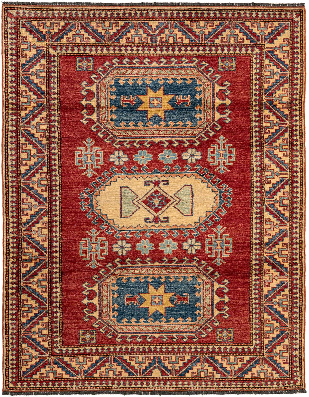 A 4x6 rectangular Rugs.com Kazak rug featuring a bold red field with intricate blue, beige, and light blue Oriental patterns.