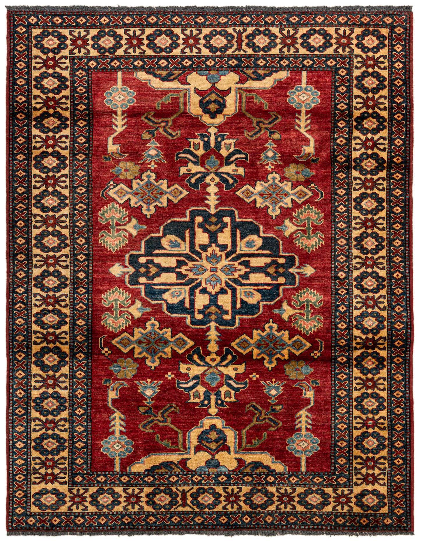 A 4x6 rectangular red wool rug with a central medallion and intricate Oriental patterns in gold, navy, and light blue.