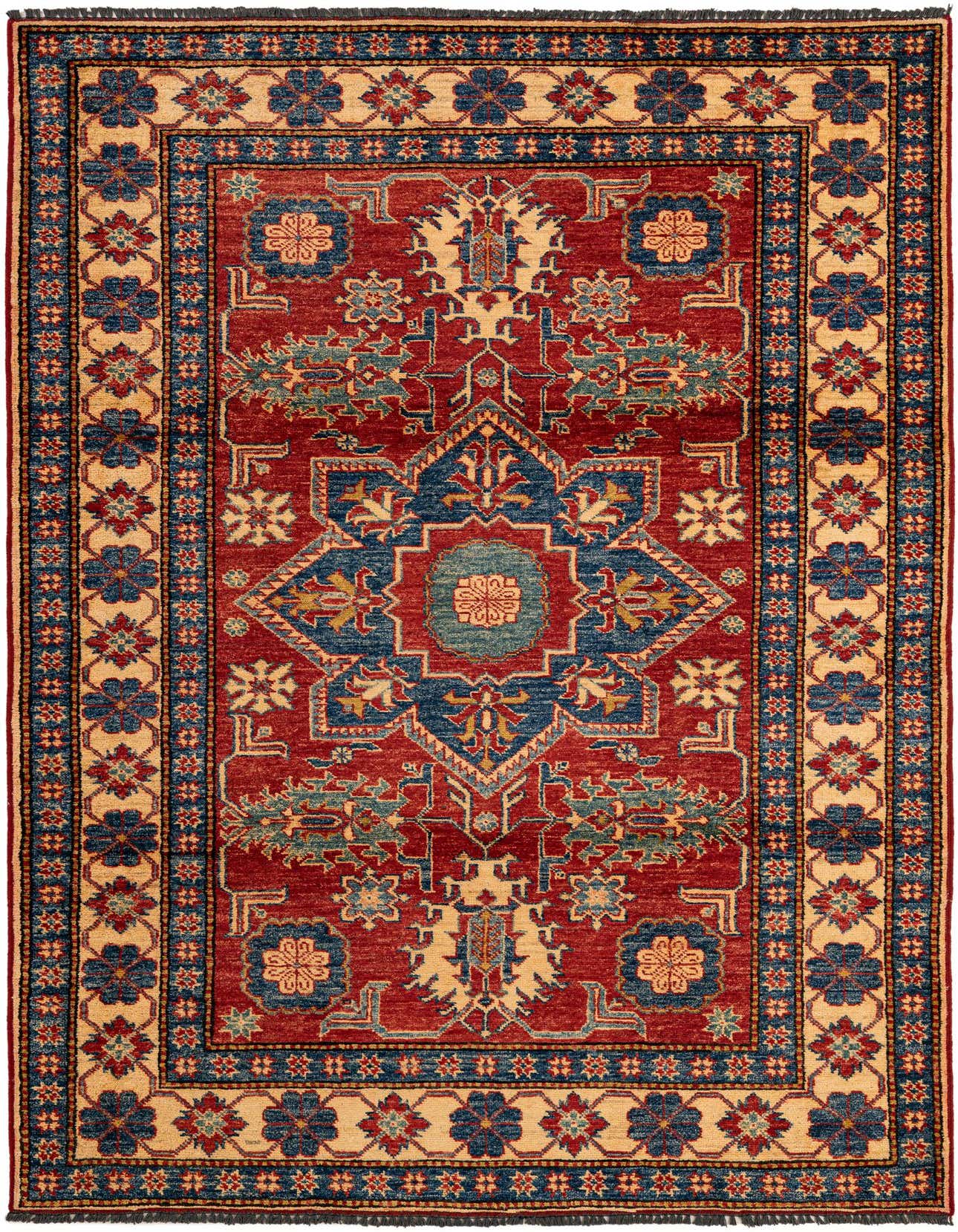 A 4x6 rectangular Rugs.com Kazak rug with a red field, blue medallion, and beige border, featuring intricate floral and geometric patterns.