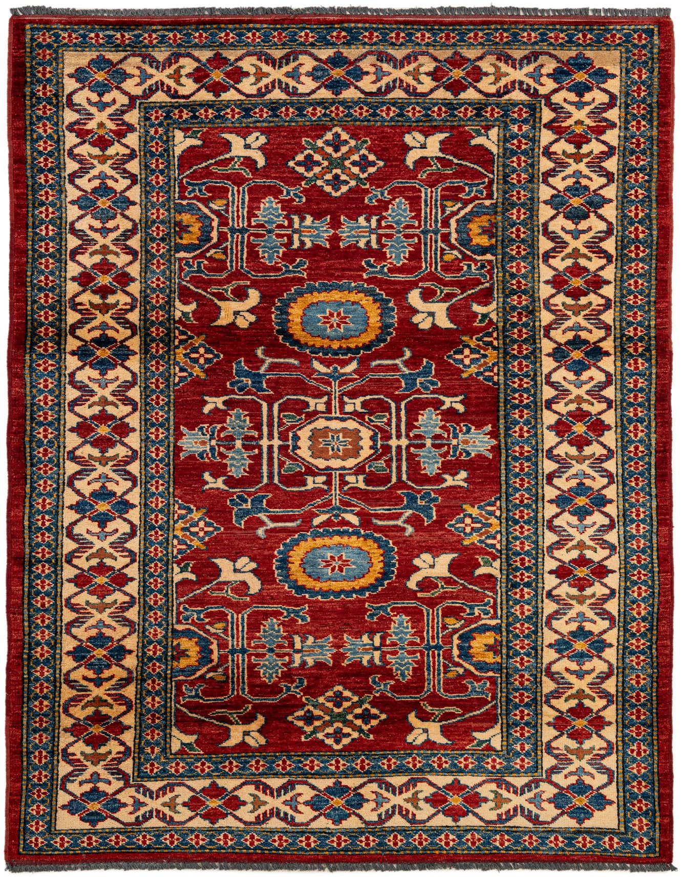A 4x6 rectangular red wool rug with a detailed Oriental medallion pattern in blue, gold, and cream.