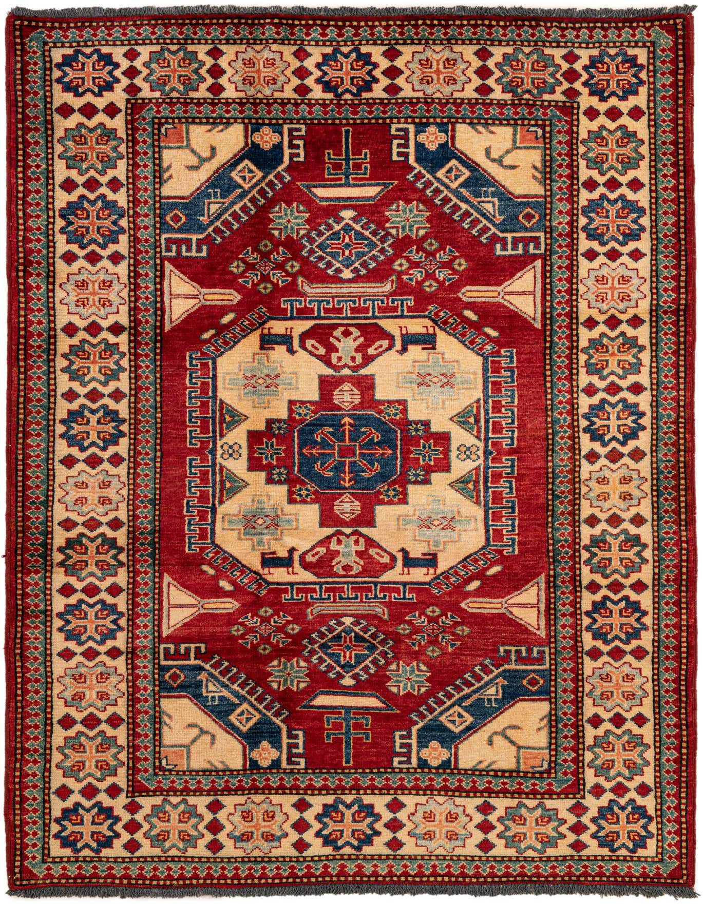 A 4x6 rectangular red wool rug with a large central medallion and geometric patterns in blue, beige, and green.