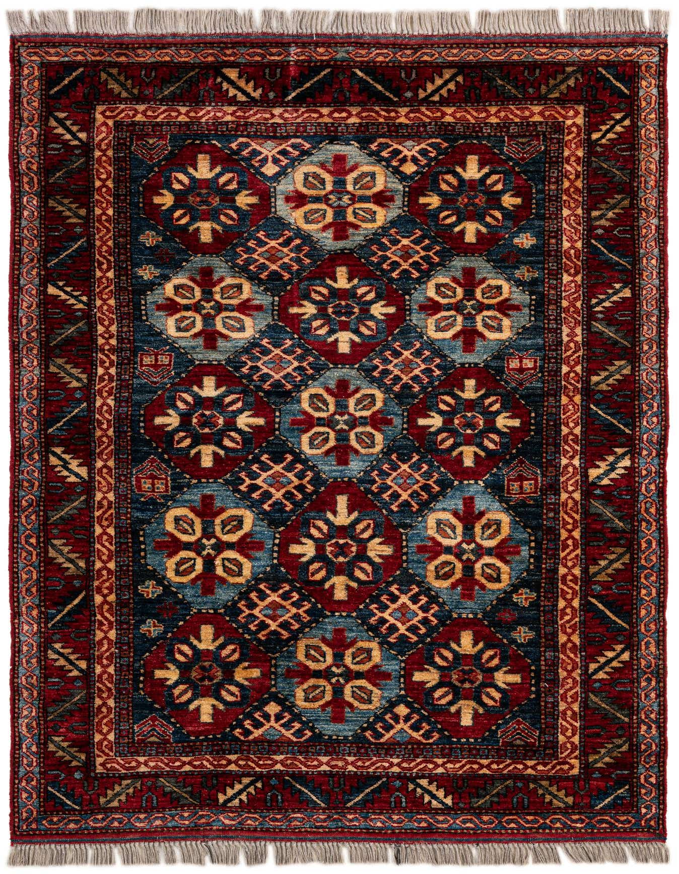 A 4x6 rectangular Rugs.com Kazak rug featuring a bold red and blue oriental pattern with gold accents and fringe.