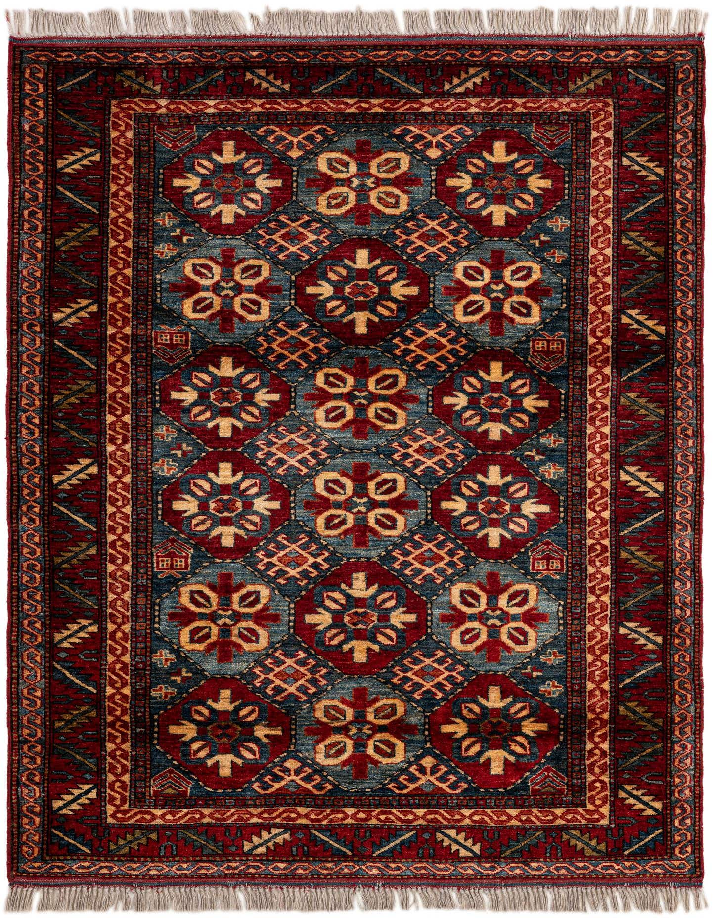 A 4x6 rectangular Rugs.com Kazak rug with a dominant red border and a central pattern of blue and red geometric motifs, featuring small tassels at the ends.
