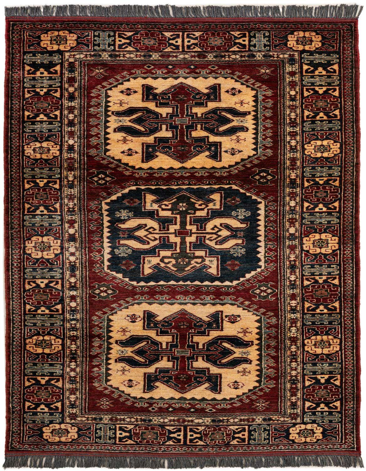 A 4x6 rectangular Rugs.com Kazak rug with a flat pile, featuring a rich red background with intricate oriental patterns in gold, navy, and black, suitable for an entryway or living room.