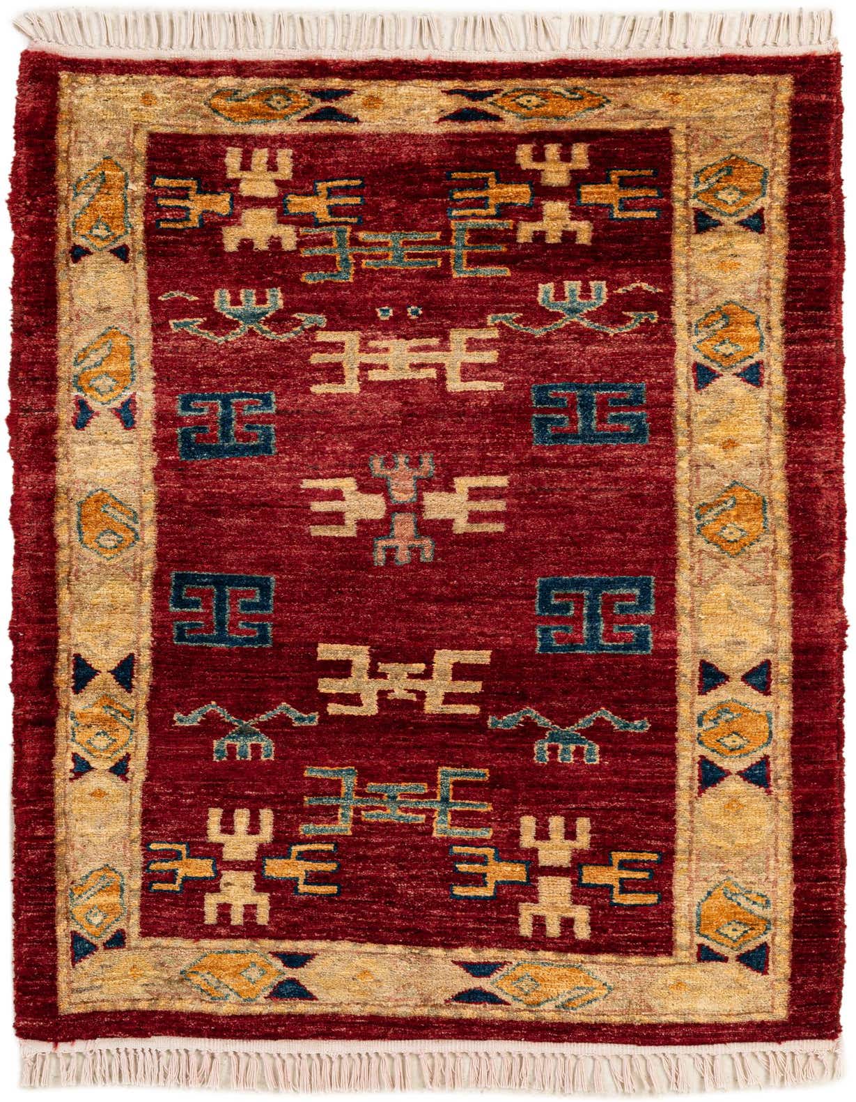 A 3x4 rectangular Rugs.com Kazak rug with a deep red field, featuring gold, blue, and light red geometric patterns, and a gold border with fringe.