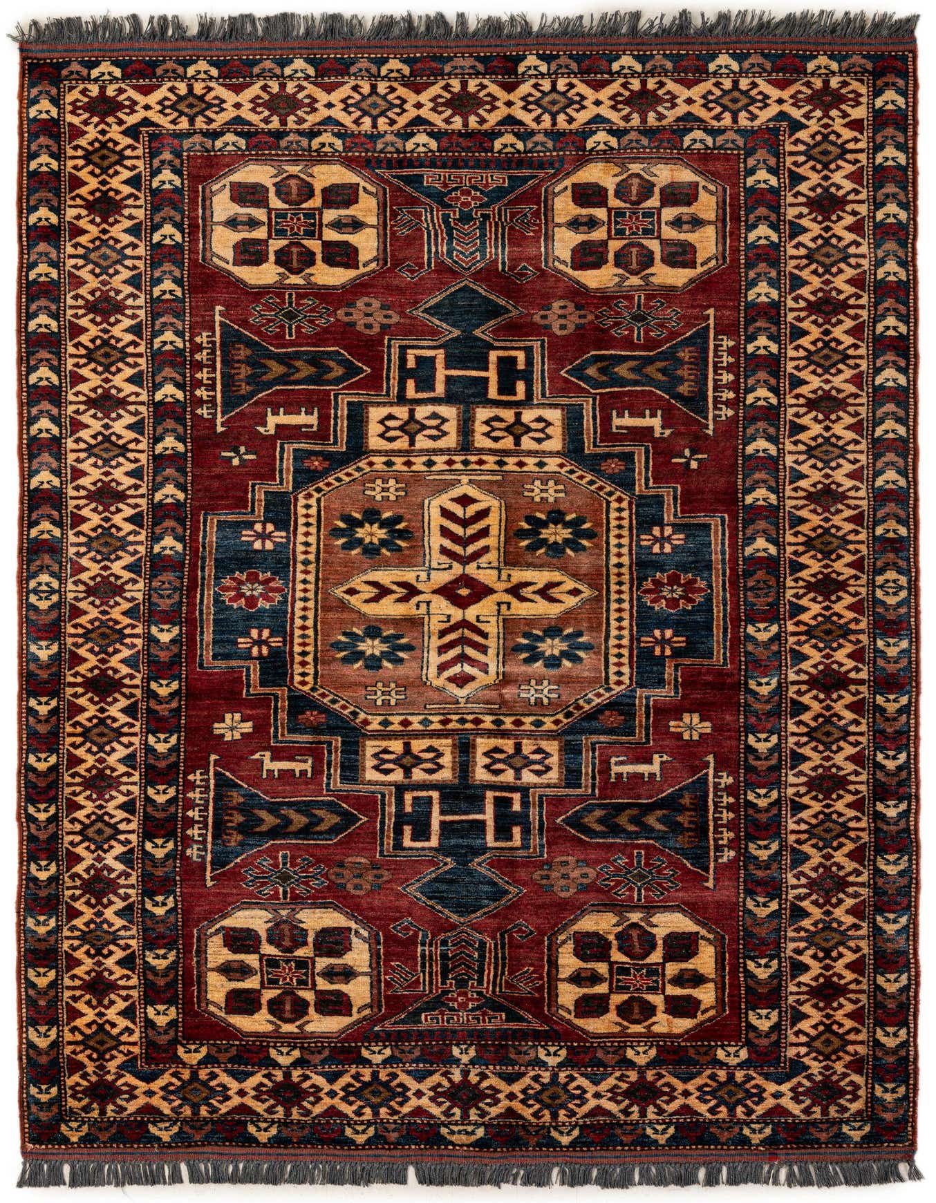 A 5x7 rectangular Rugs.com Kazak rug with a traditional medallion pattern in deep reds, blues, and gold tones.