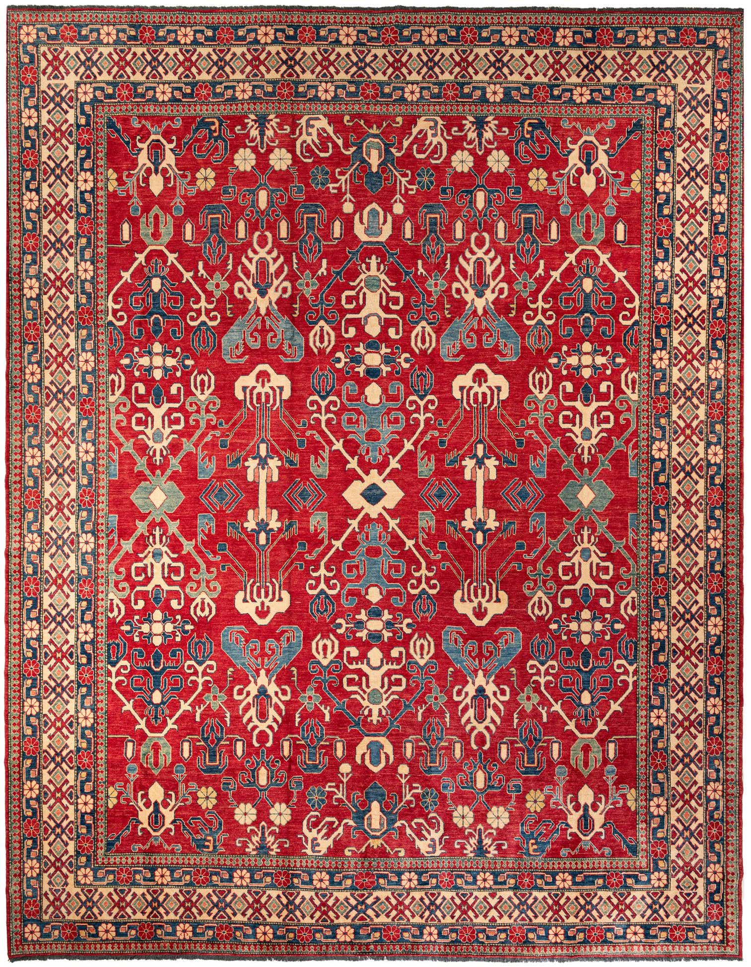 A large 13x18 rectangular red Oriental rug with intricate blue, cream, and teal traditional patterns and a multi-layered border.