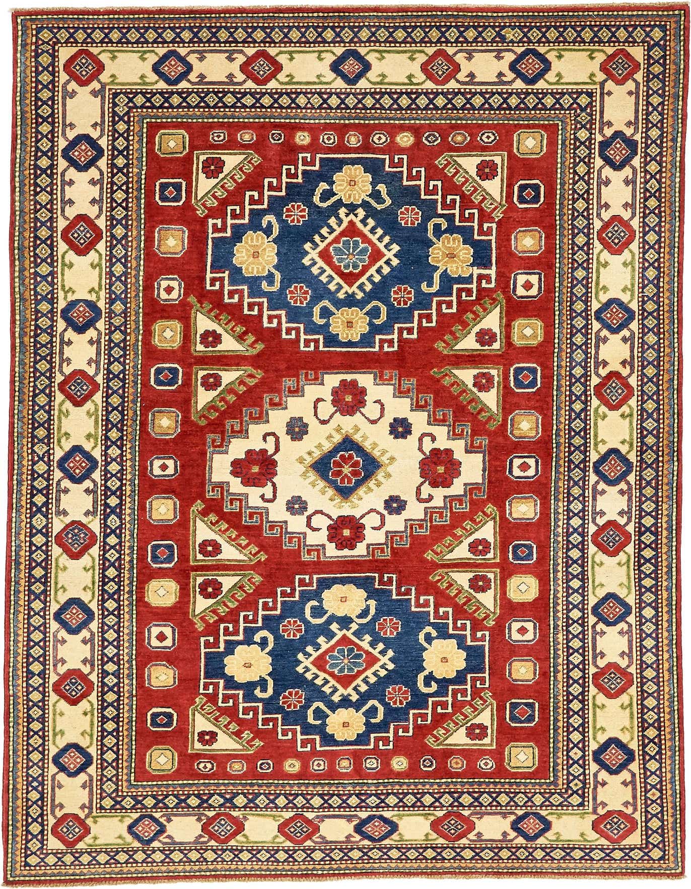 A 6x9 rectangular Rugs.com Kazak rug with a vibrant red field, blue and cream medallions, and intricate tribal patterns.