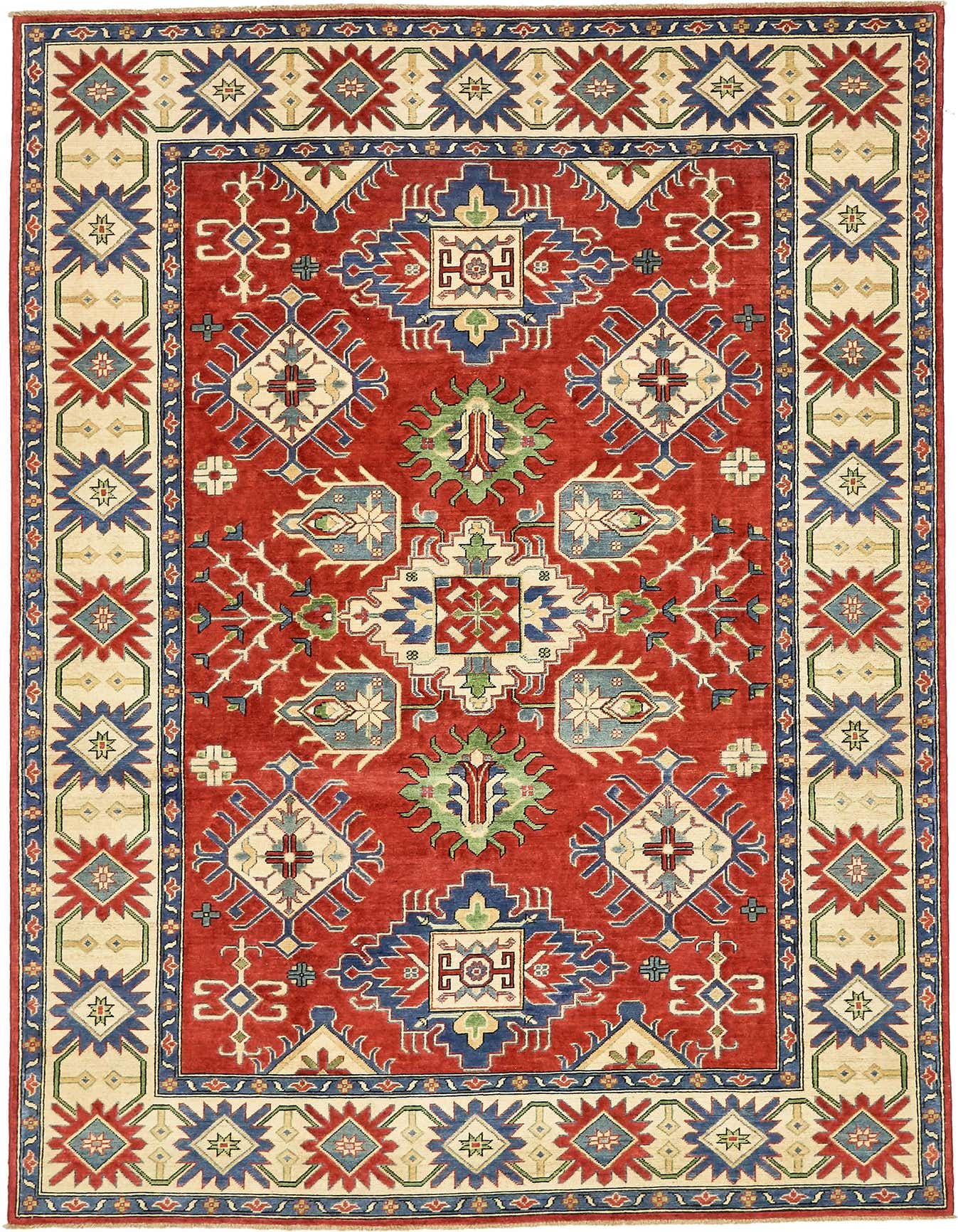 A 6x9 rectangular red tribal rug with a central medallion and intricate blue, cream, and green patterns, ideal for a living room.