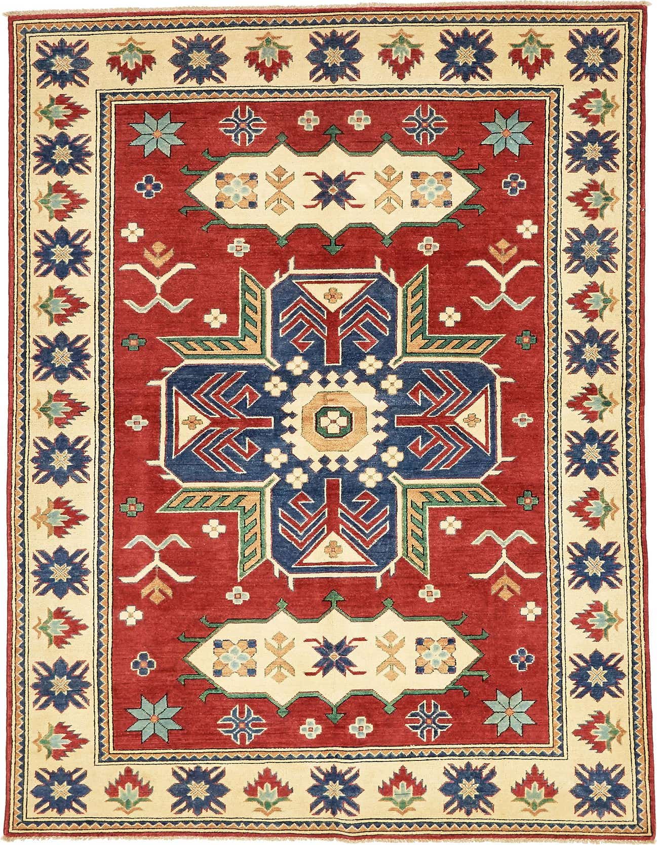 A 6x9 rectangular red Kazak rug with a large central blue medallion and cream border featuring floral motifs.