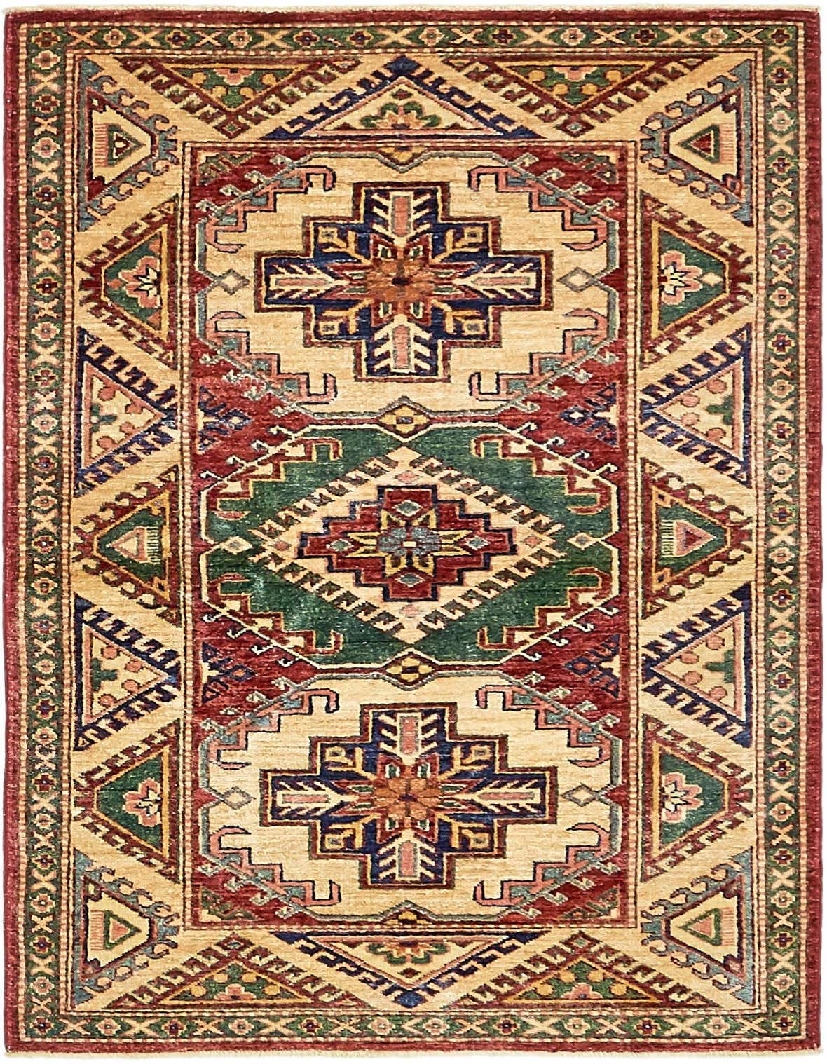 A 3x5 rectangular Kazak rug with a traditional tribal pattern in reds, greens, blues, and cream, featuring a central medallion.