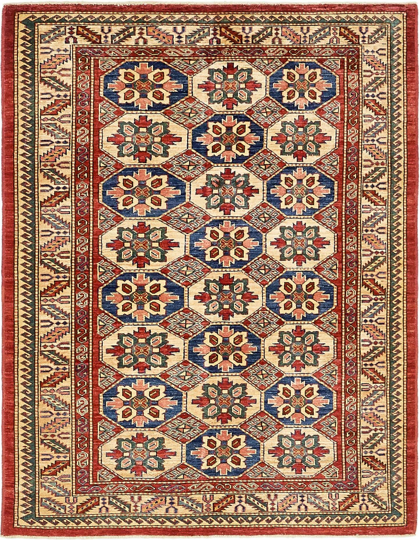 A 4x6 rectangular Kazak rug featuring a traditional tribal pattern in reds, blues, and cream with intricate geometric motifs.
